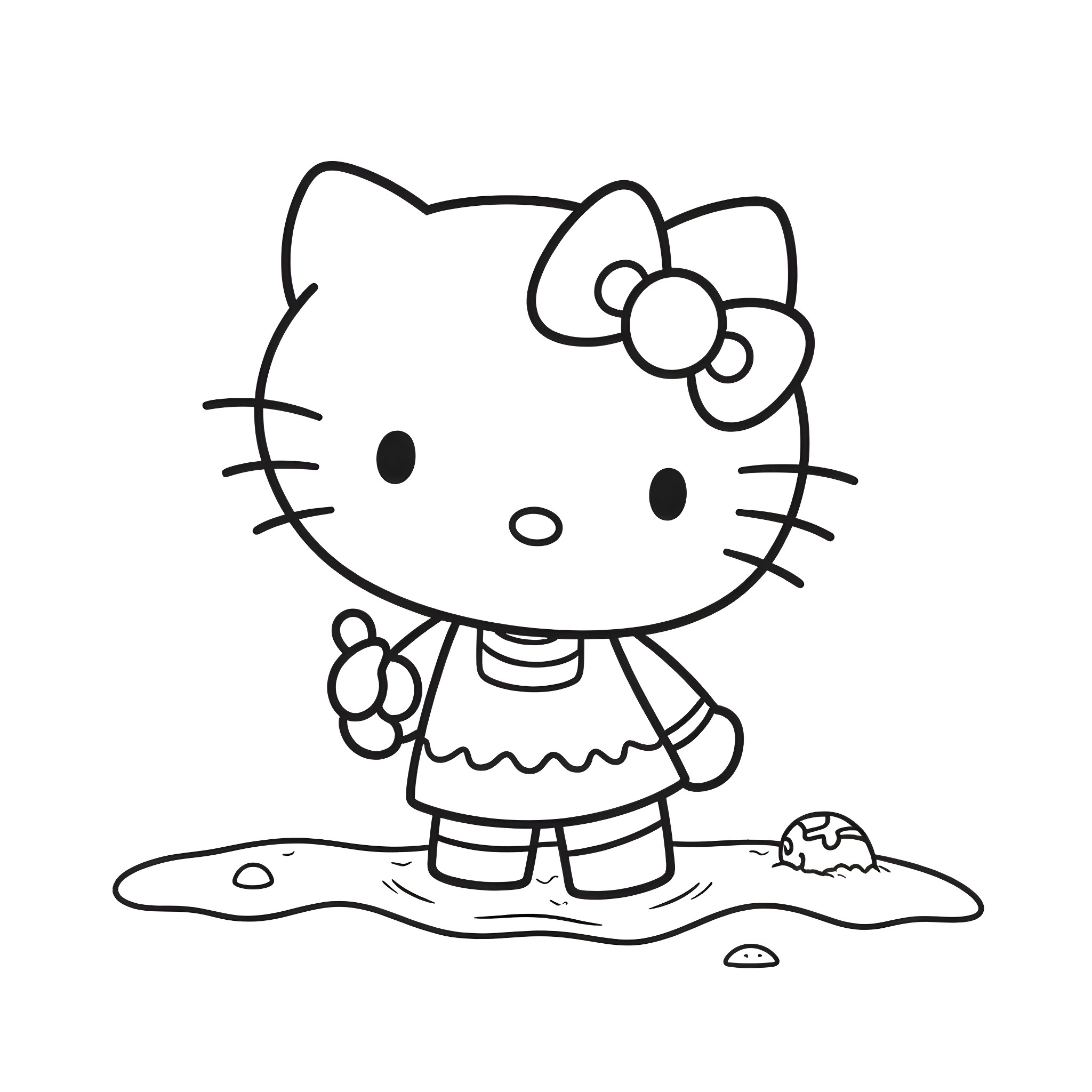 Hello Kitty playing in the mud Coloring Page (free black-and-white line drawing printable PDF for all, from beginners to advanced learners, including children, teens, adults, and seniors)
