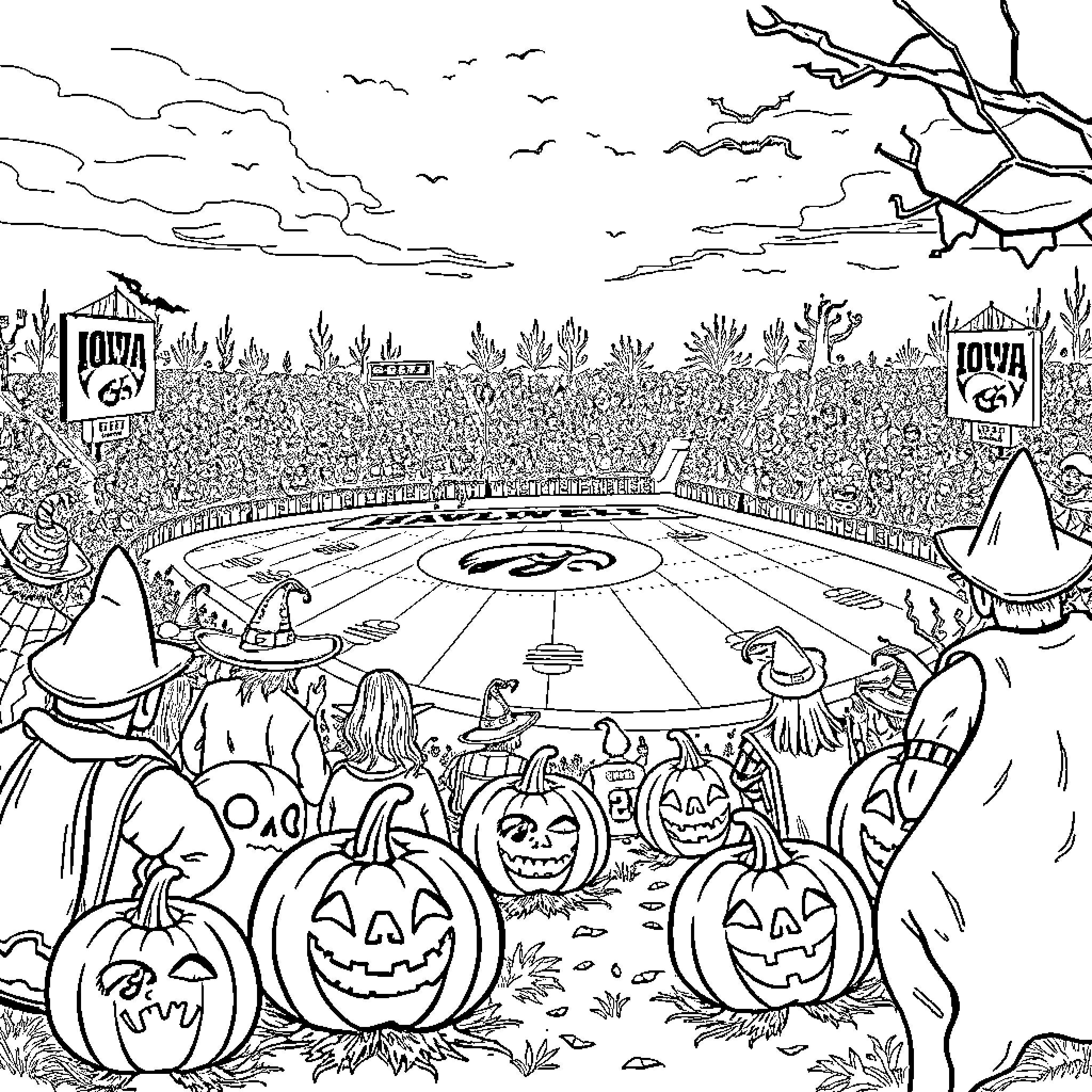 Hawkeye's Spooky Halloween Stadium Adventure Coloring Page (free black-and-white line drawing printable PDF for all, from beginners to advanced learners, including children, teens, adults, and seniors)