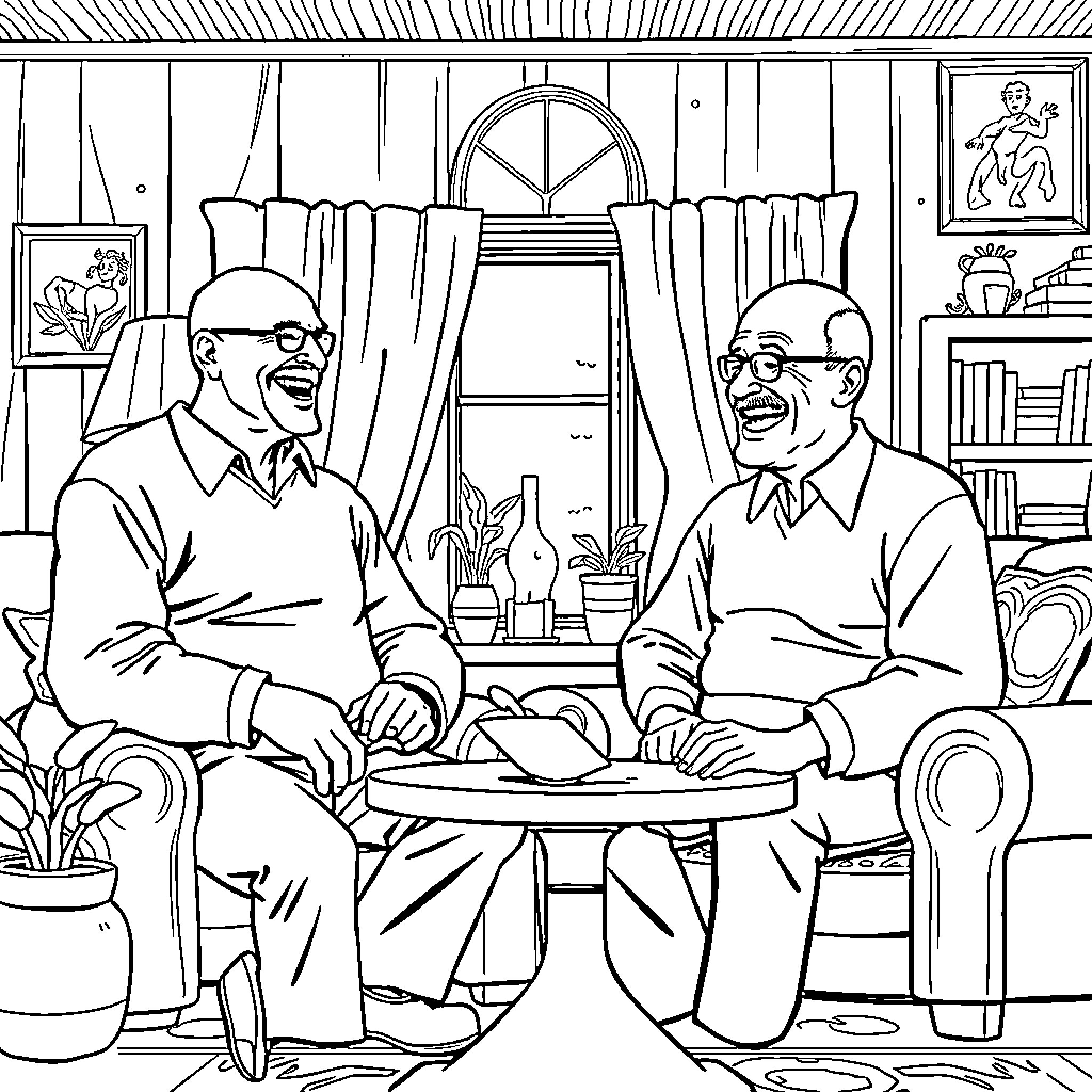 Tuco's Cozy Conversation: Two Men Sitting and Chatting Coloring Page (free black-and-white line drawing printable PDF for all, from beginners to advanced learners, including children, teens, adults, and seniors)