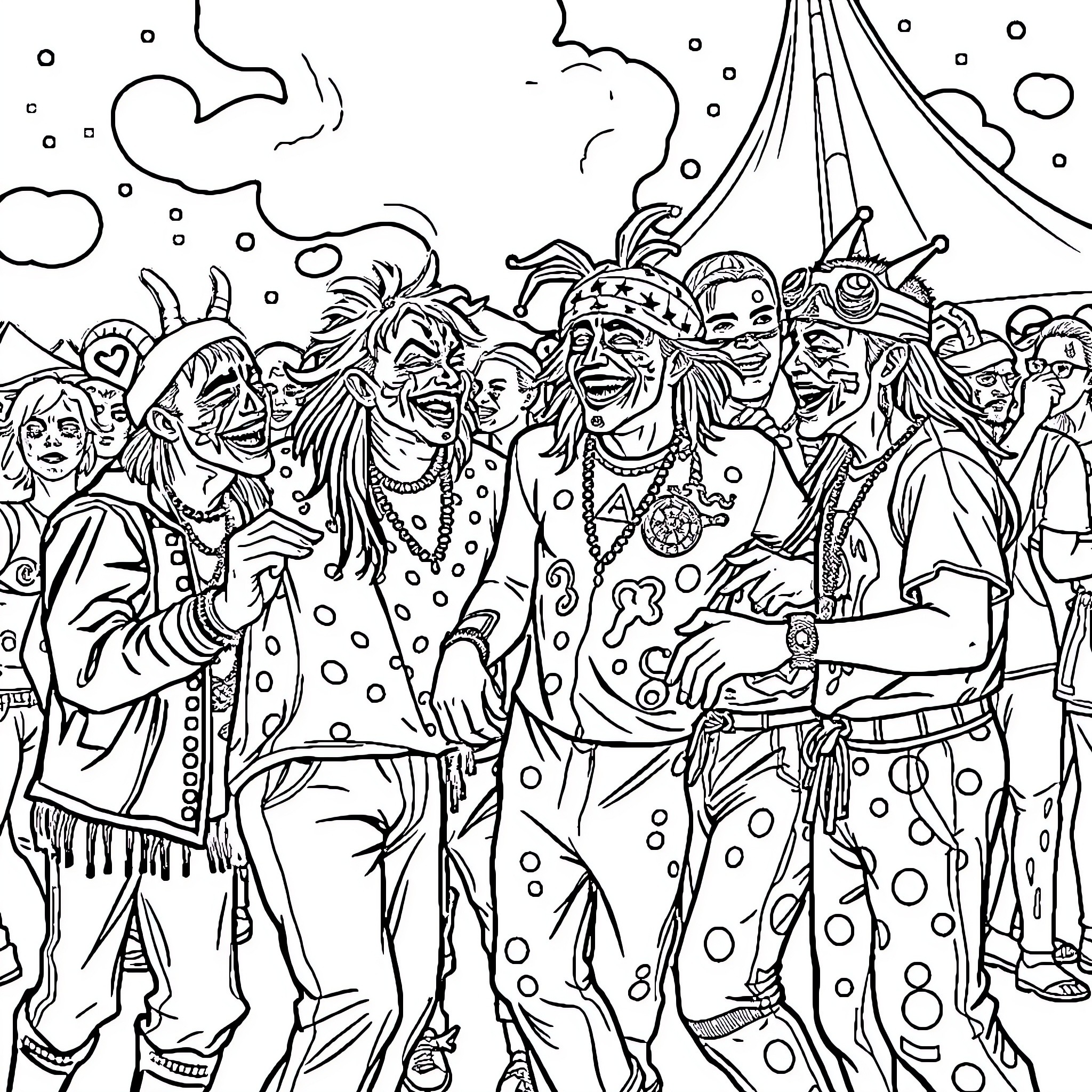 Juggalo carnival celebration with colorful costumes and faces Coloring Page (free black-and-white line drawing printable PDF for all, from beginners to advanced learners, including children, teens, adults, and seniors)