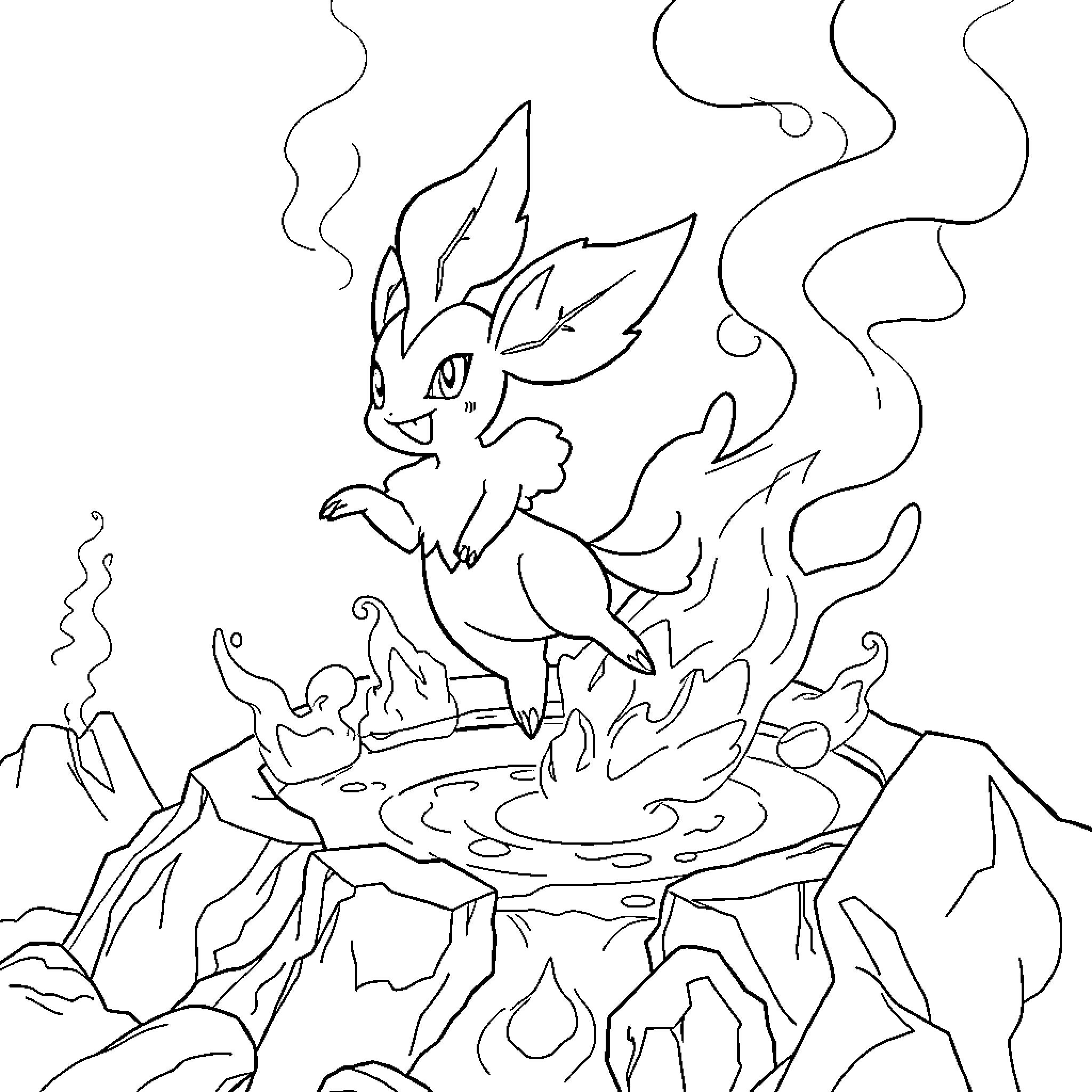 Leafeon using mystical powers in a fantasy landscape Coloring Page (free black-and-white line drawing printable PDF for all, from beginners to advanced learners, including children, teens, adults, and seniors)
