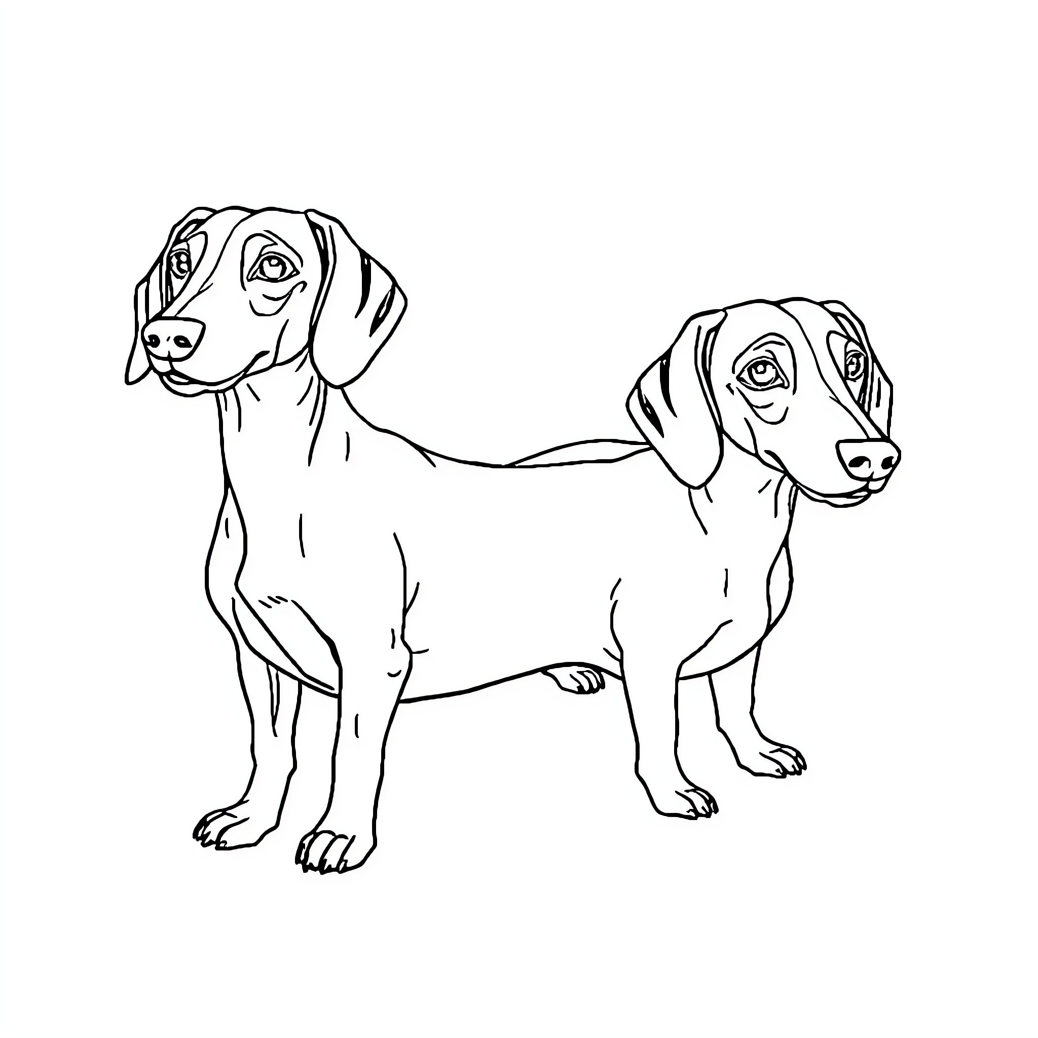 Dachshund companions stand together Coloring Page (free black-and-white line drawing printable PDF for all, from beginners to advanced learners, including children, teens, adults, and seniors)