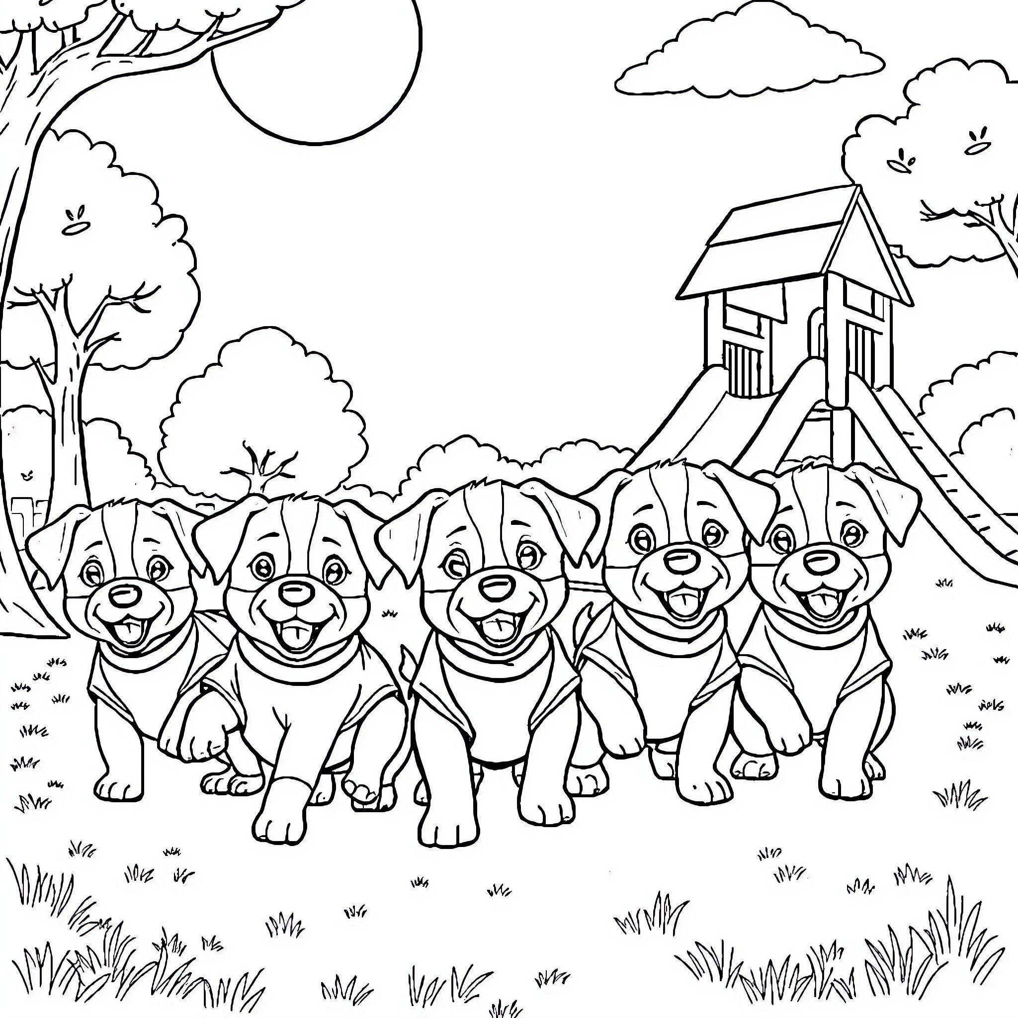 Puppies playing joyfully in a countryside scene Coloring Page (free black-and-white line drawing printable PDF for all, from beginners to advanced learners, including children, teens, adults, and seniors)