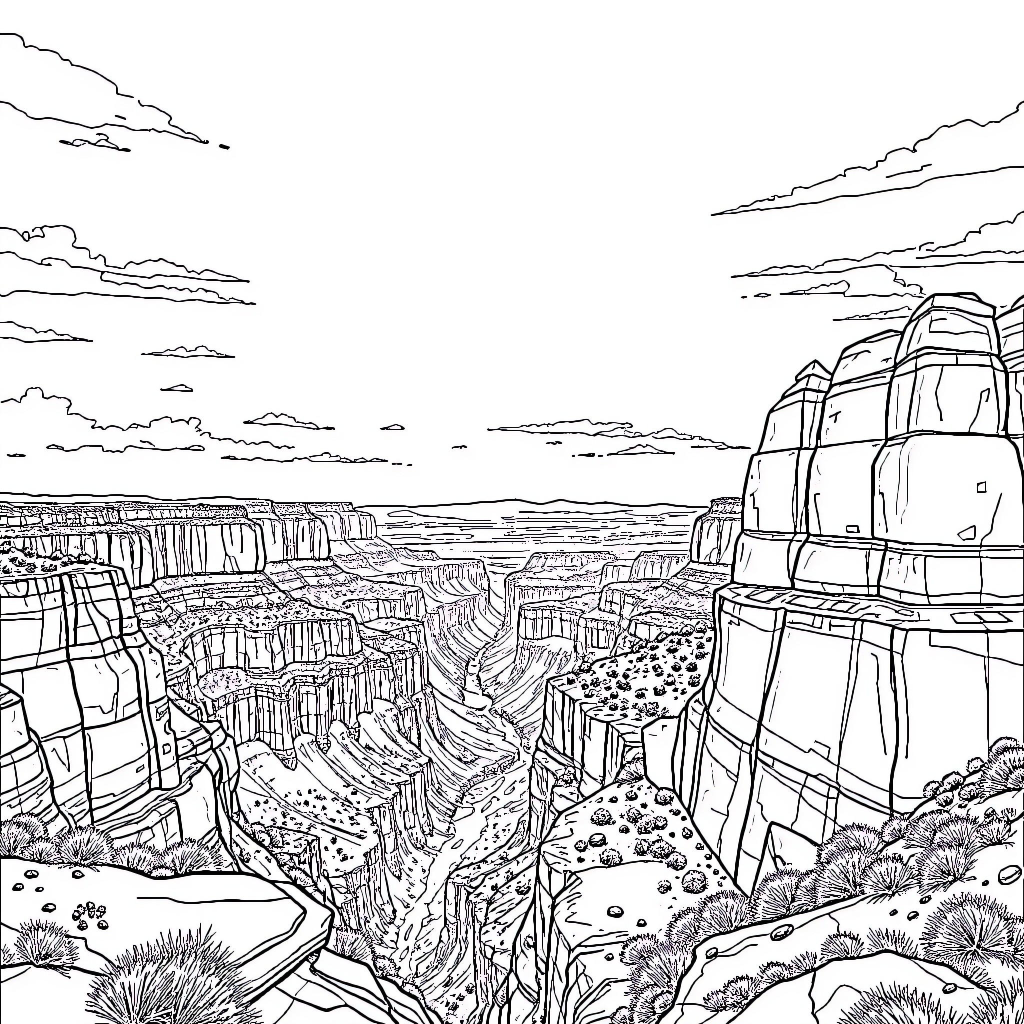 Grand Canyon Scenic Landscape with Dramatic Cliffs Coloring Page (free black-and-white line drawing printable PDF for all, from beginners to advanced learners, including children, teens, adults, and seniors)