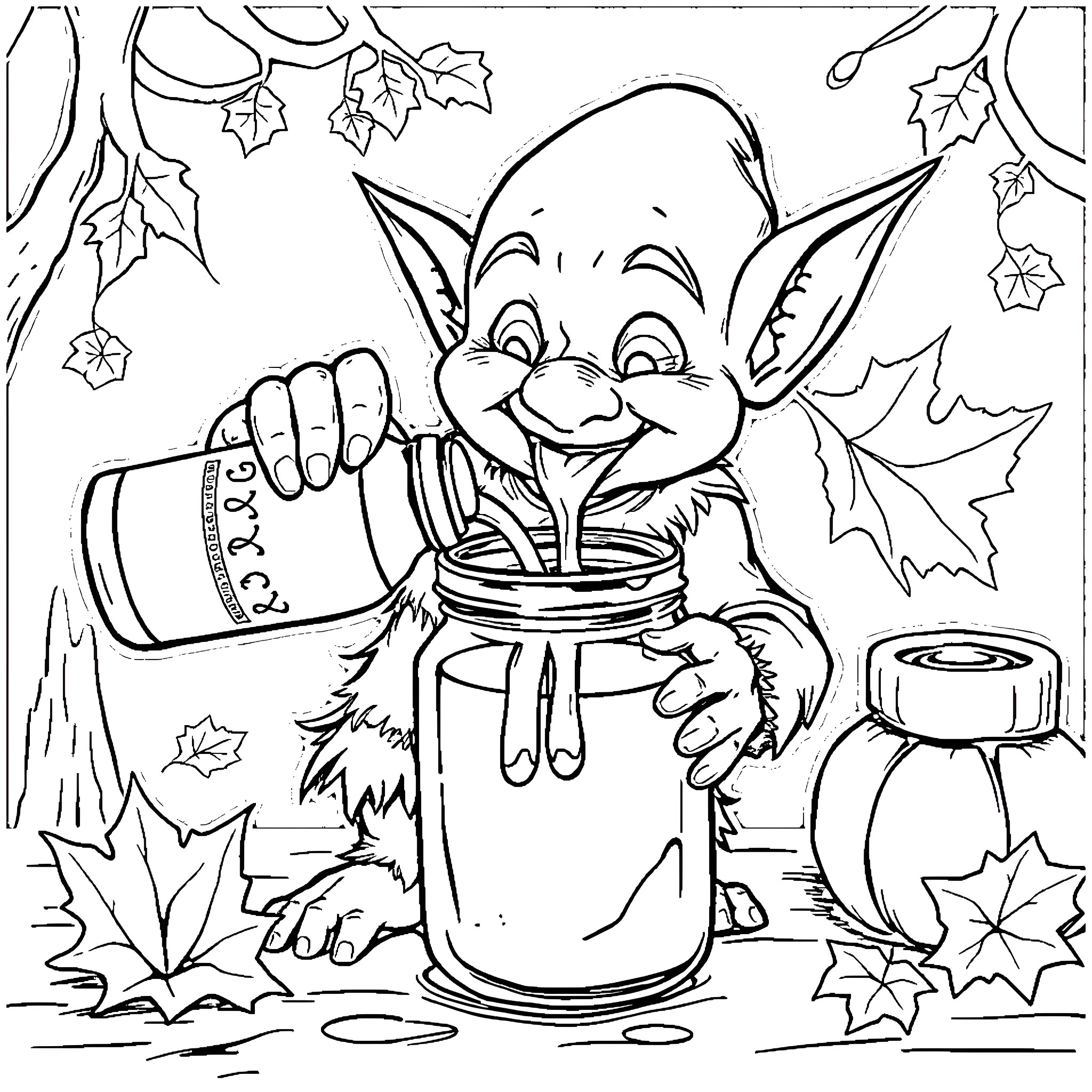 Goblin Preparing Magical Potion in the Forest Coloring Page (free black-and-white line drawing printable PDF for all, from beginners to advanced learners, including children, teens, adults, and seniors)