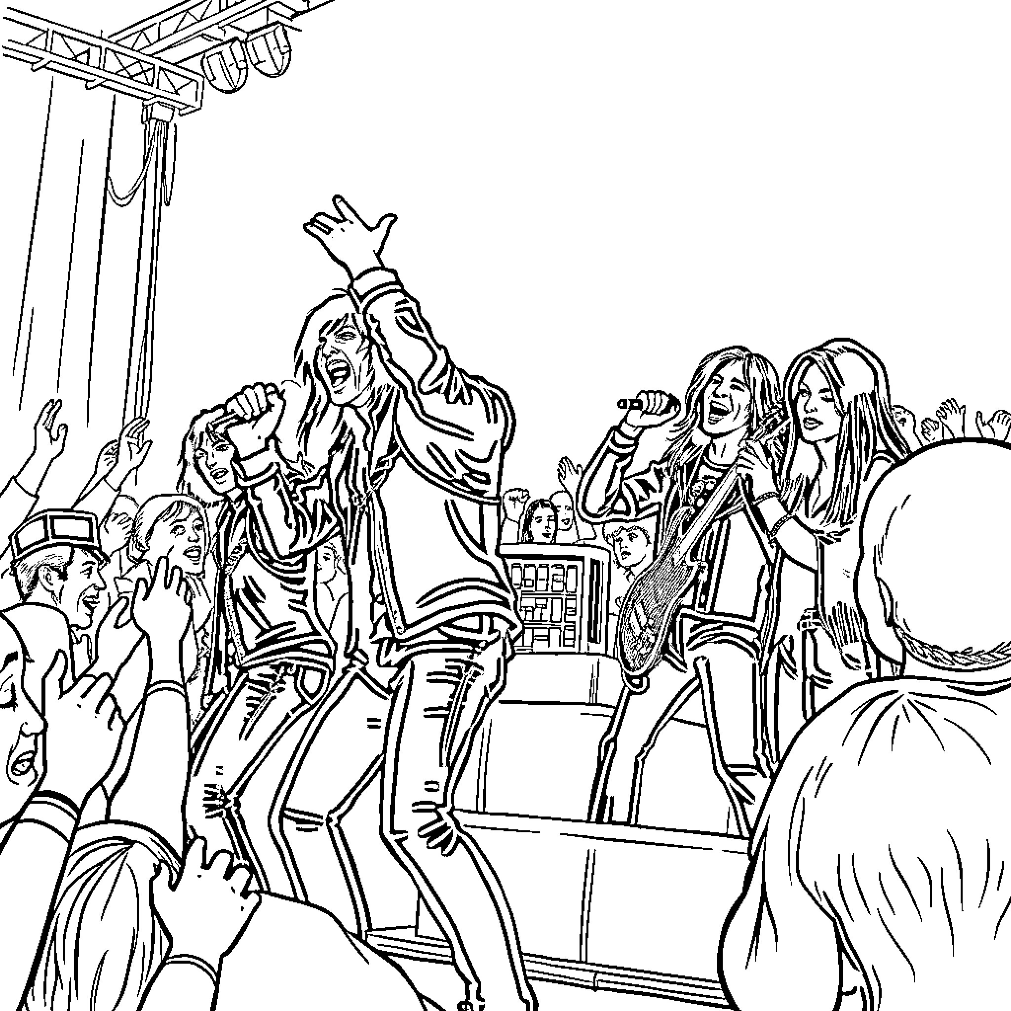 Black Veil Brides performing energetically on stage Coloring Page (free black-and-white line drawing printable PDF for all, from beginners to advanced learners, including children, teens, adults, and seniors)