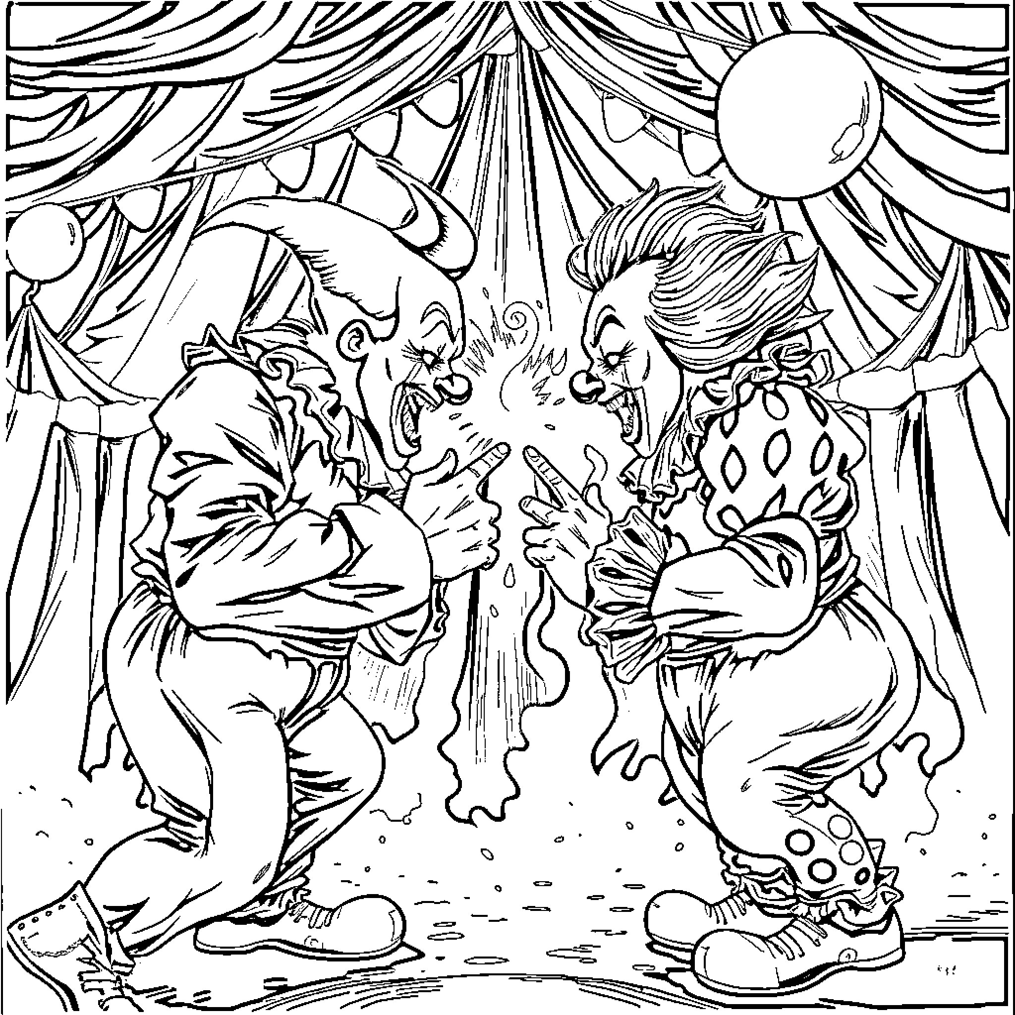 Clowns engaged in comical interaction on stage Coloring Page (free black-and-white line drawing printable PDF for all, from beginners to advanced learners, including children, teens, adults, and seniors)
