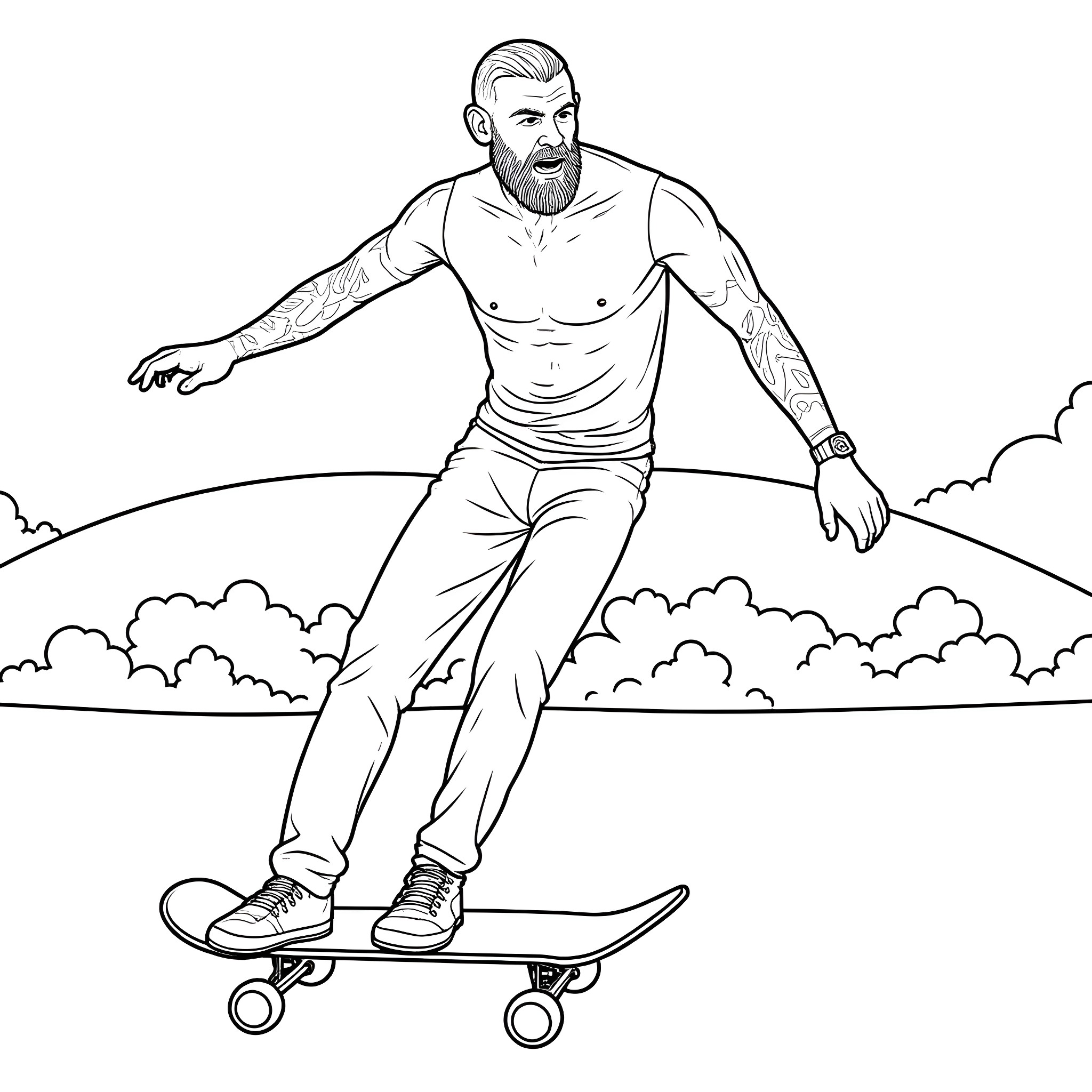 Conor McGregor Skateboarding Outdoors Coloring Page (free black-and-white line drawing printable PDF for all, from beginners to advanced learners, including children, teens, adults, and seniors)