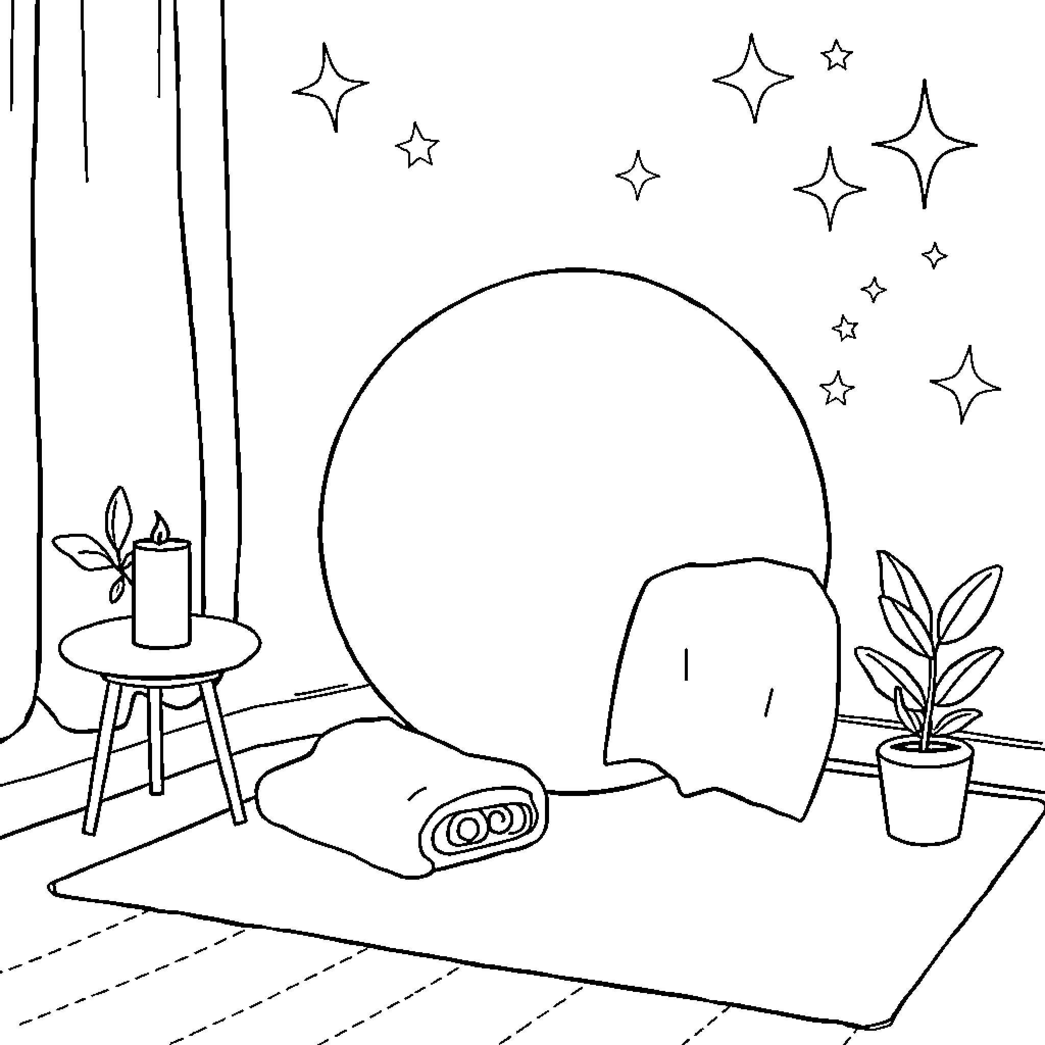 Exercise Relaxation with Candle and Plants Coloring Page (free black-and-white line drawing printable PDF for all, from beginners to advanced learners, including children, teens, adults, and seniors)