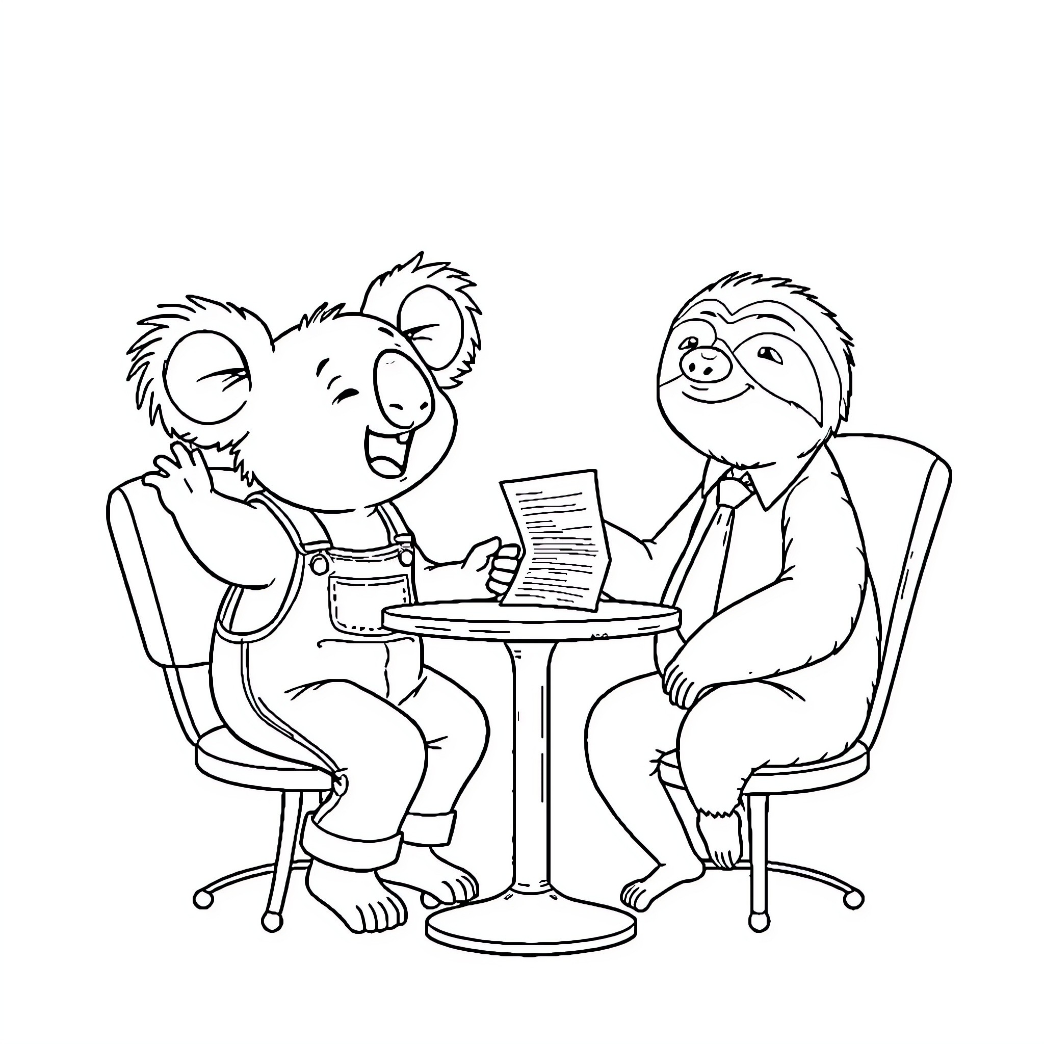 Koalas discussing documents at a meeting Coloring Page (free black-and-white line drawing printable PDF for all, from beginners to advanced learners, including children, teens, adults, and seniors)