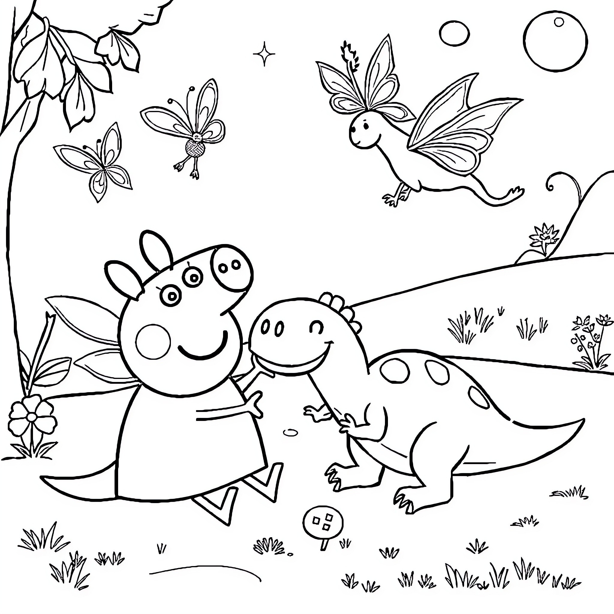 Peppa Pig and friends playing in the magical forest Coloring Page (free black-and-white line drawing printable PDF for all, from beginners to advanced learners, including children, teens, adults, and seniors)