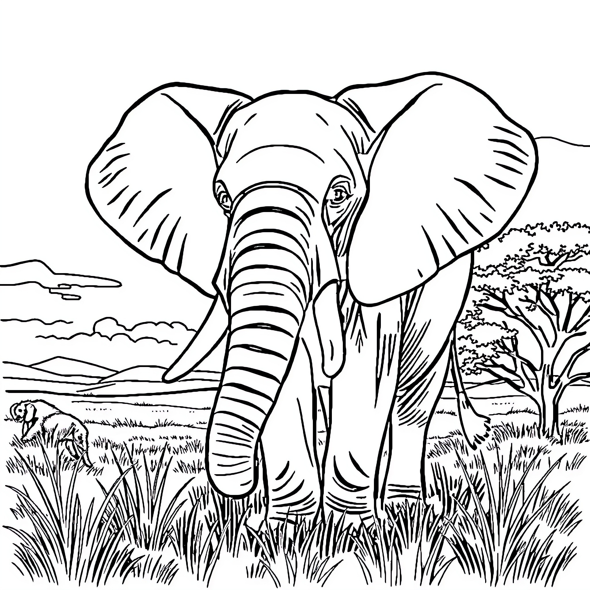 Elephant in the wild nature Coloring Page (free black-and-white line drawing printable PDF for all, from beginners to advanced learners, including children, teens, adults, and seniors)