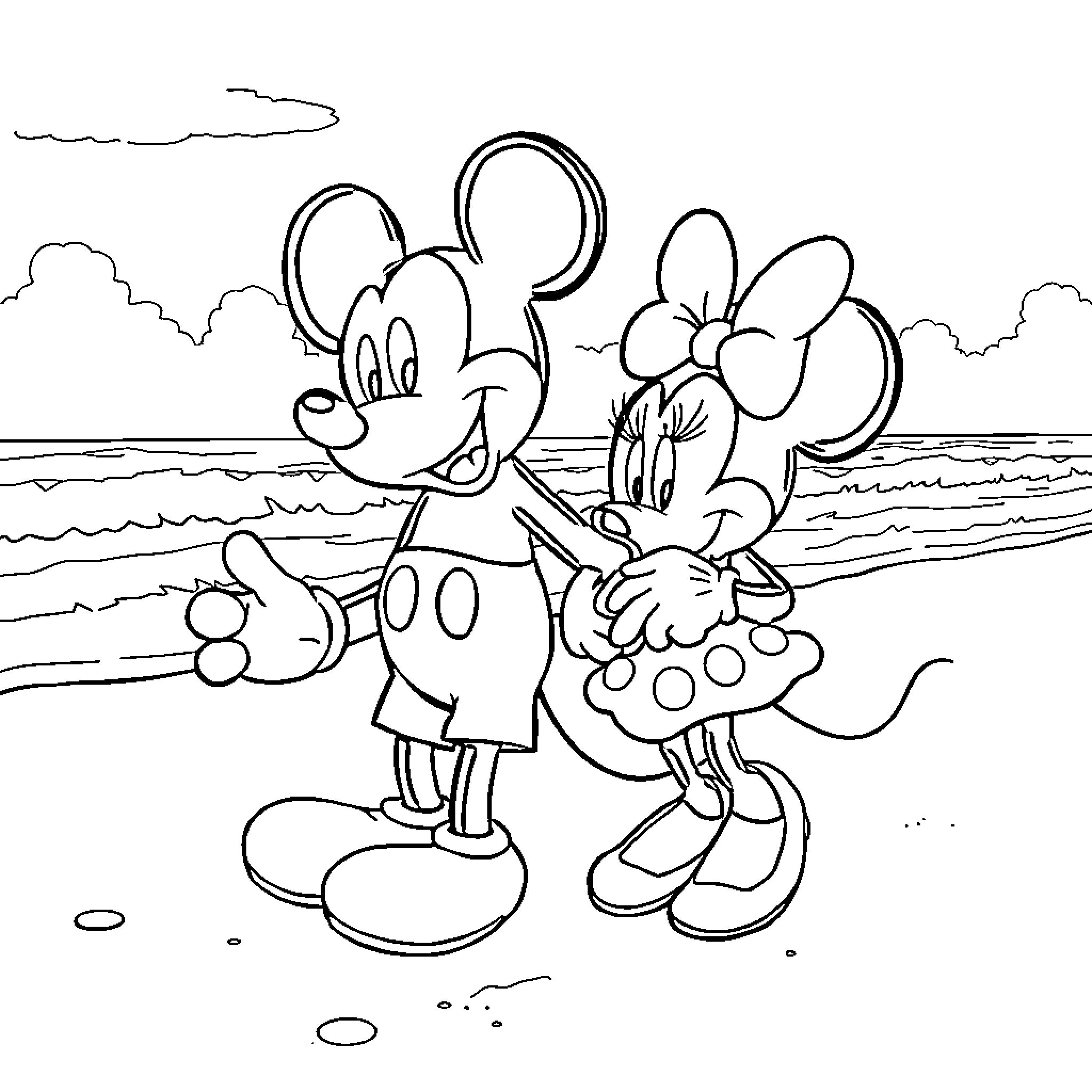 Mickey and Minnie's playful beach adventure Coloring Page (free black-and-white line drawing printable PDF for all, from beginners to advanced learners, including children, teens, adults, and seniors)