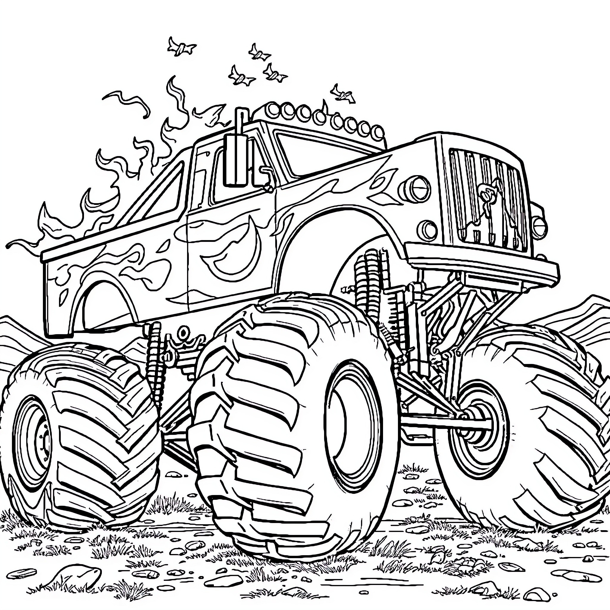 Monster Truck performing stunts on rugged terrain Coloring Page (free black-and-white line drawing printable PDF for all, from beginners to advanced learners, including children, teens, adults, and seniors)