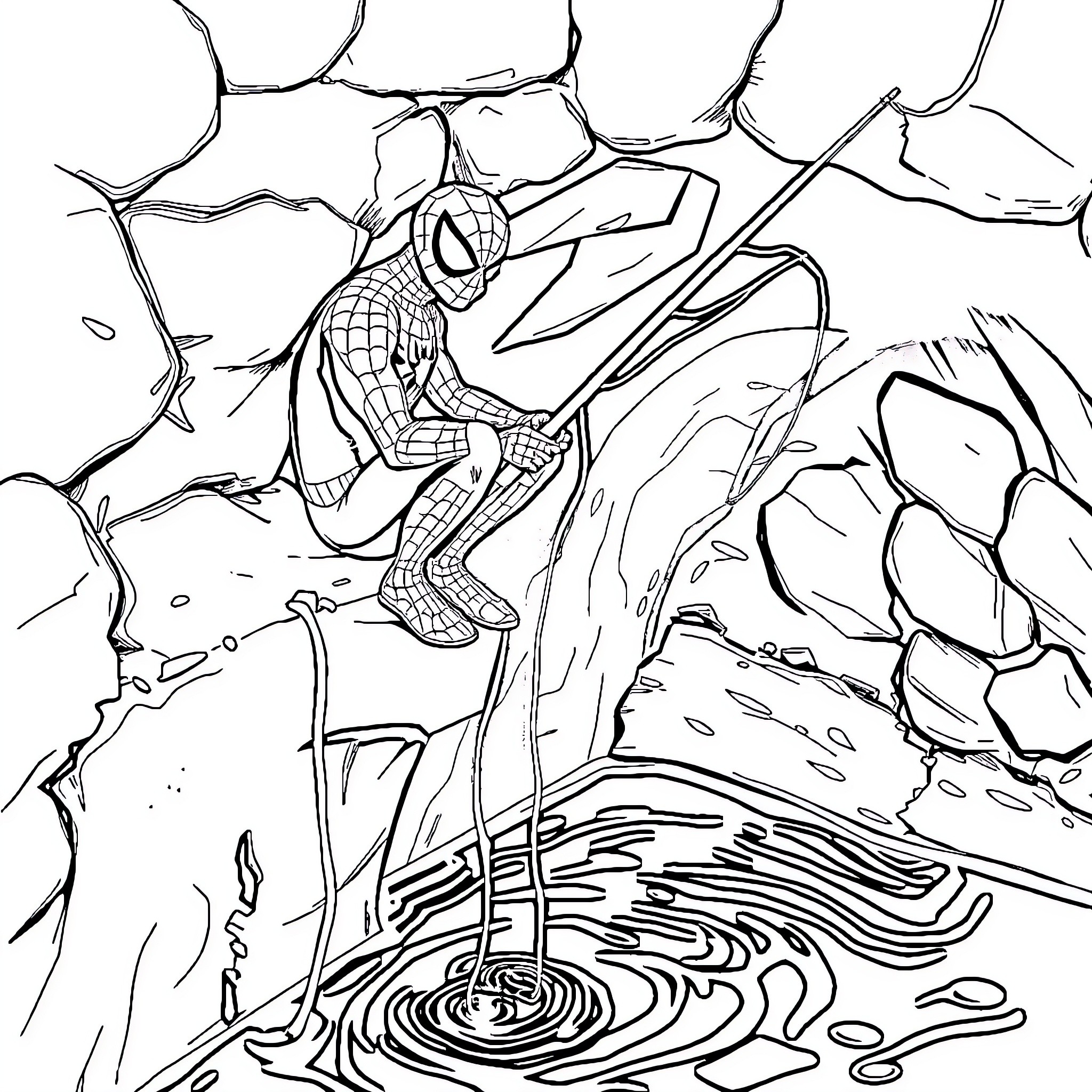 Spiderman climbing on rocky terrain Coloring Page (free black-and-white line drawing printable PDF for all, from beginners to advanced learners, including children, teens, adults, and seniors)