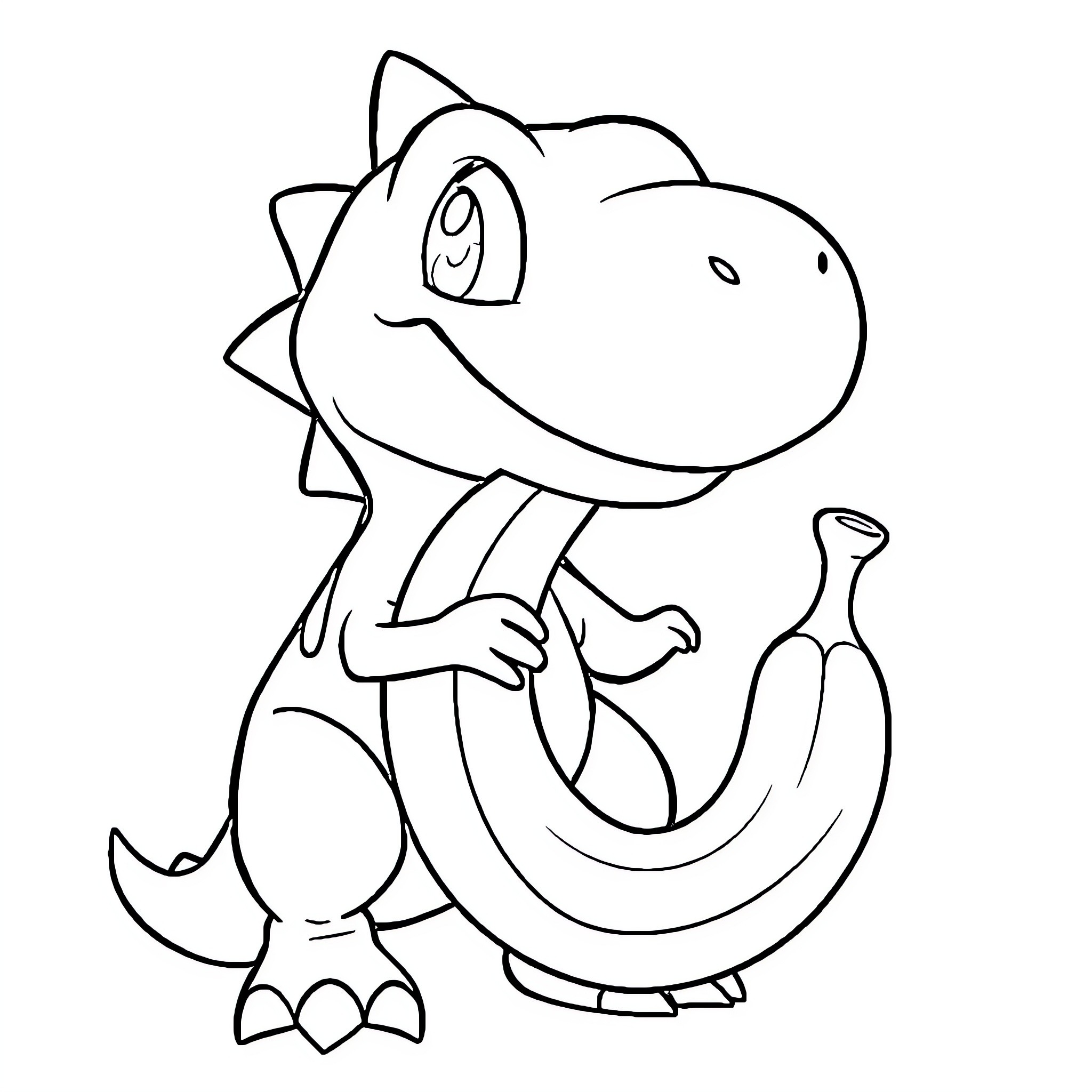Pokémon Dinosaur-like Creature Holding Banana Coloring Page (free black-and-white line drawing printable PDF for all, from beginners to advanced learners, including children, teens, adults, and seniors)