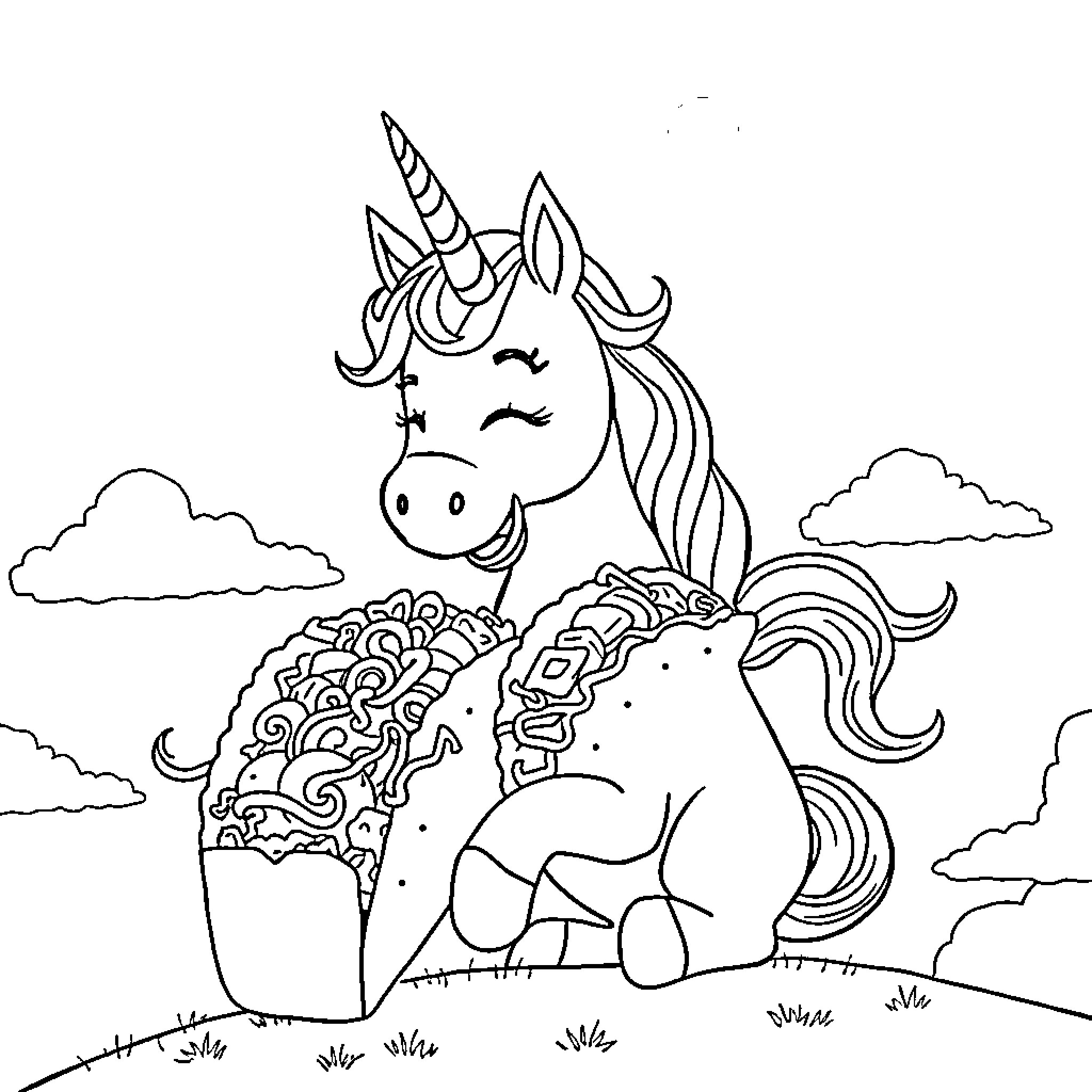 Unicorn resting peacefully in a whimsical landscape Coloring Page (free black-and-white line drawing printable PDF for all, from beginners to advanced learners, including children, teens, adults, and seniors)