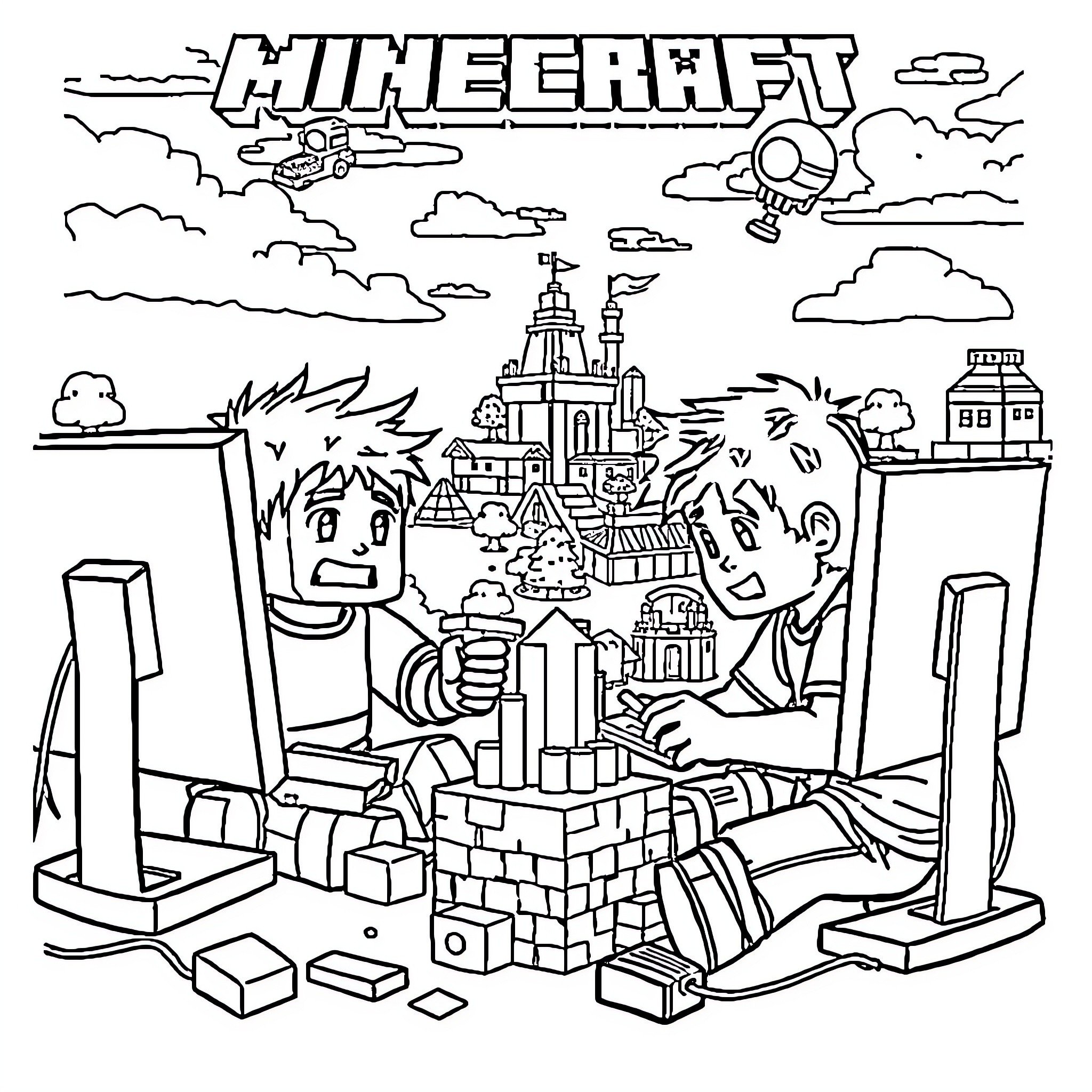 Boy playing with Minecraft blocks and characters Coloring Page (free black-and-white line drawing printable PDF for all, from beginners to advanced learners, including children, teens, adults, and seniors)