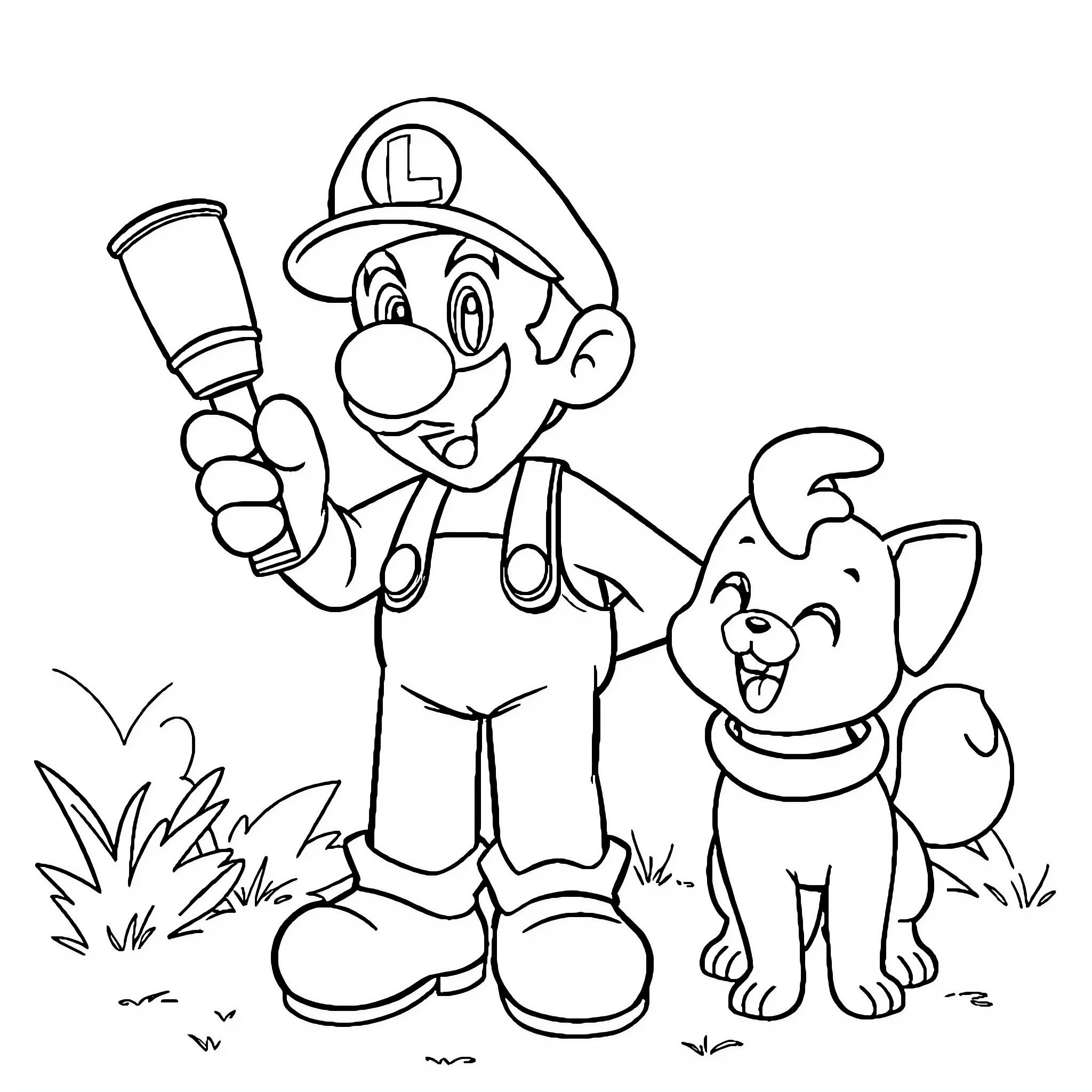 Luigi's Fun Adventure with Canine Companion Coloring Page (free black-and-white line drawing printable PDF for all, from beginners to advanced learners, including children, teens, adults, and seniors)