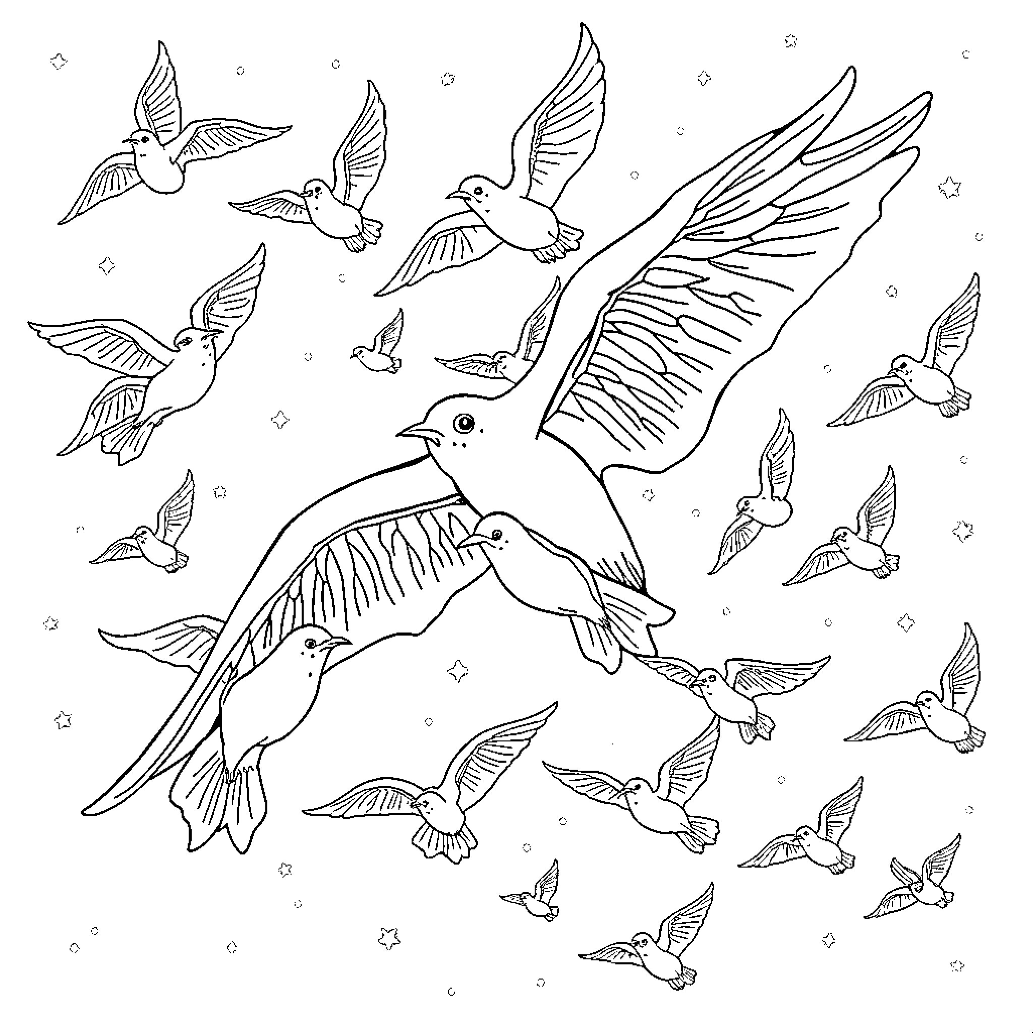 Bats flying gracefully in the night sky Coloring Page (free black-and-white line drawing printable PDF for all, from beginners to advanced learners, including children, teens, adults, and seniors)