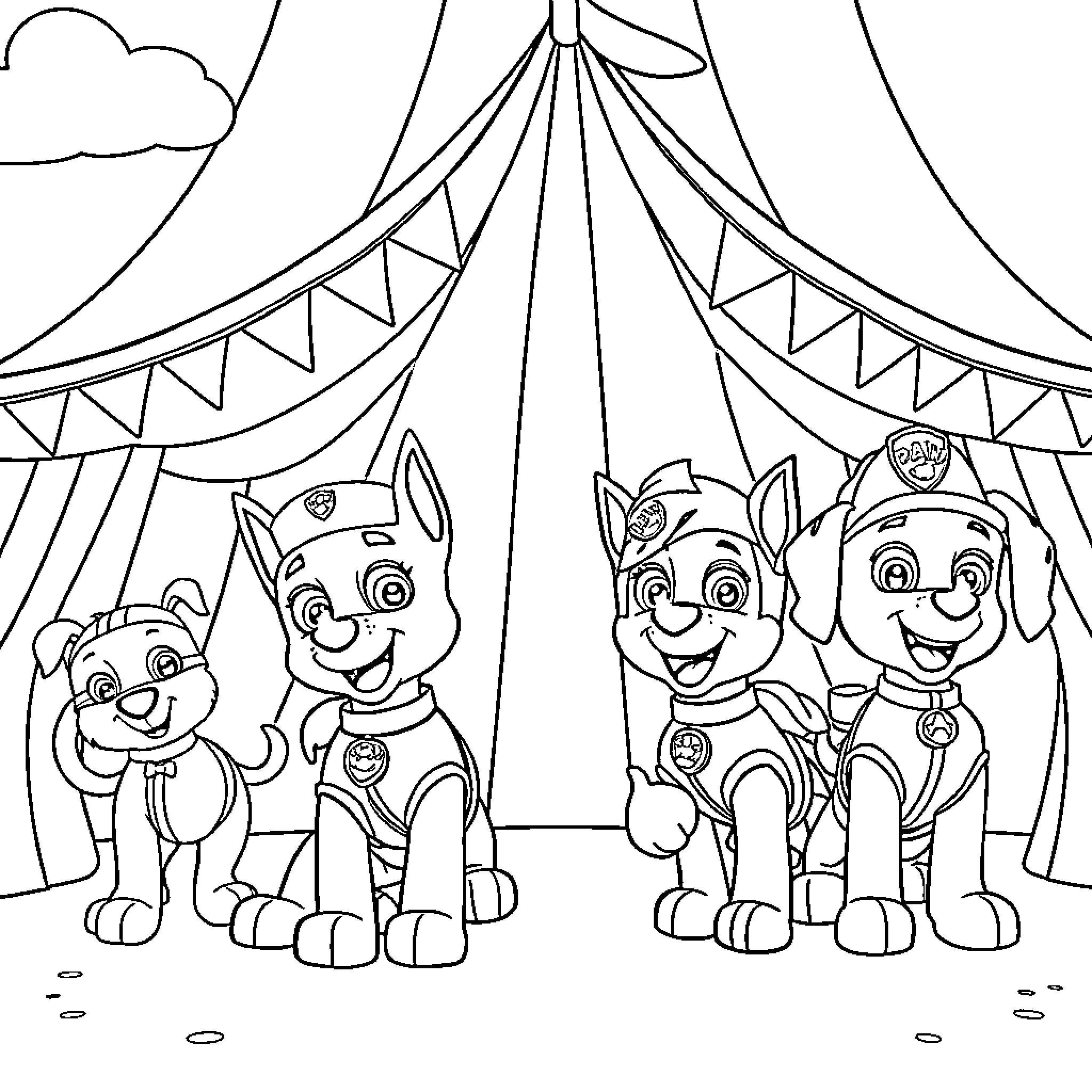 Paw Patrol puppies at the circus show Coloring Page (free black-and-white line drawing printable PDF for all, from beginners to advanced learners, including children, teens, adults, and seniors)