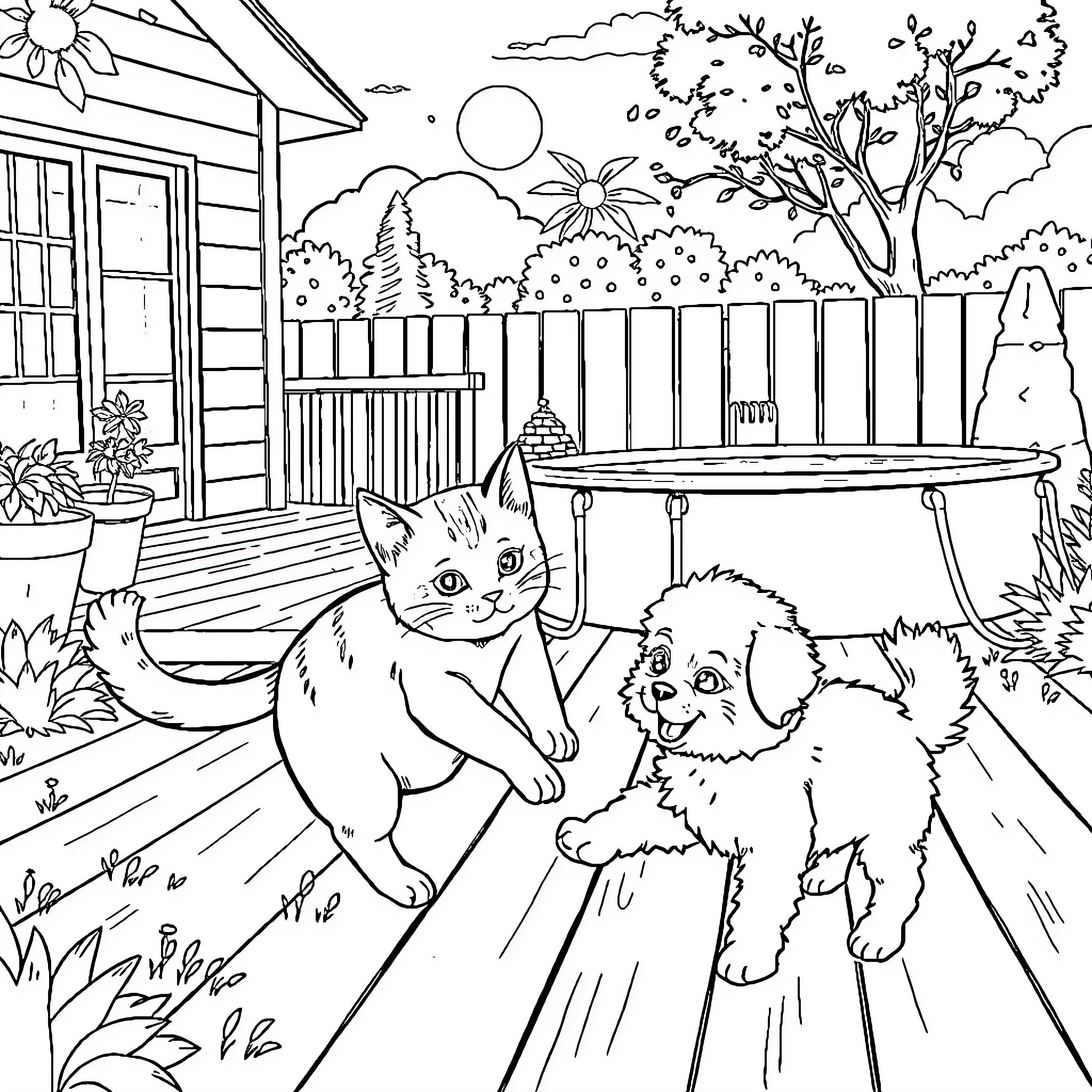 Cat and dog in a backyard scene Coloring Page (free black-and-white line drawing printable PDF for all, from beginners to advanced learners, including children, teens, adults, and seniors)