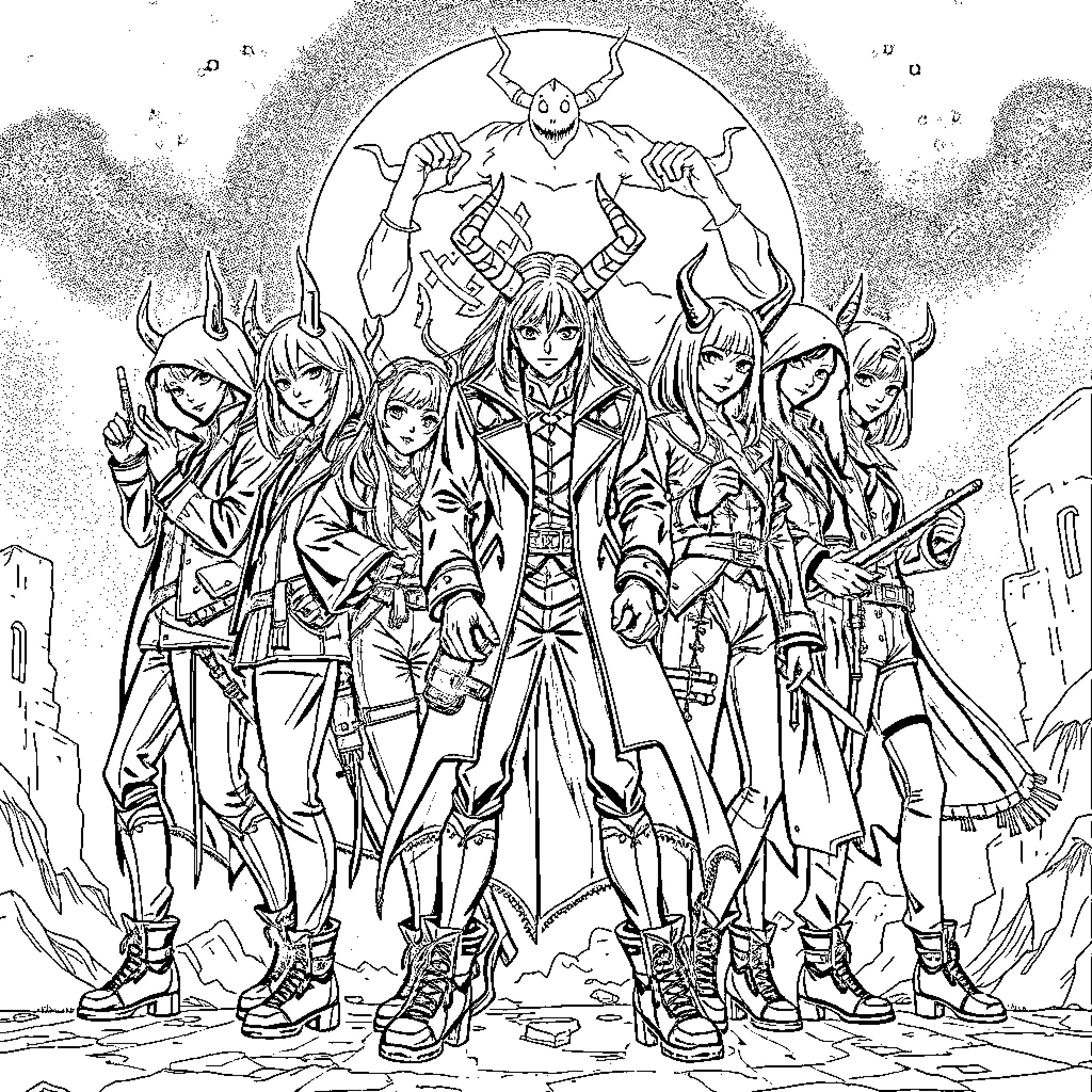 Demon Hunter's Valiant Squad Faces Formidable Foe Coloring Page (free black-and-white line drawing printable PDF for all, from beginners to advanced learners, including children, teens, adults, and seniors)