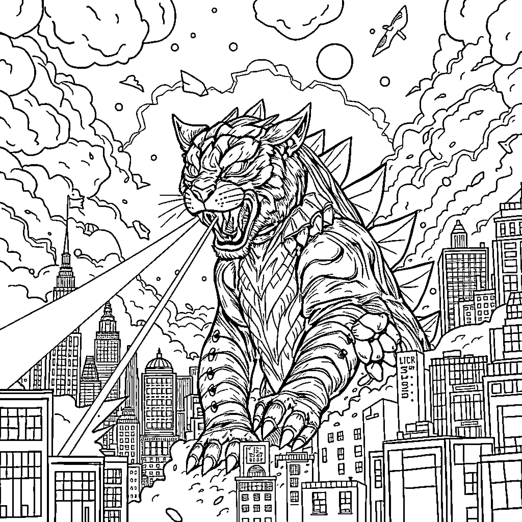 Cat warrior battling against city skyline Coloring Page (free black-and-white line drawing printable PDF for all, from beginners to advanced learners, including children, teens, adults, and seniors)