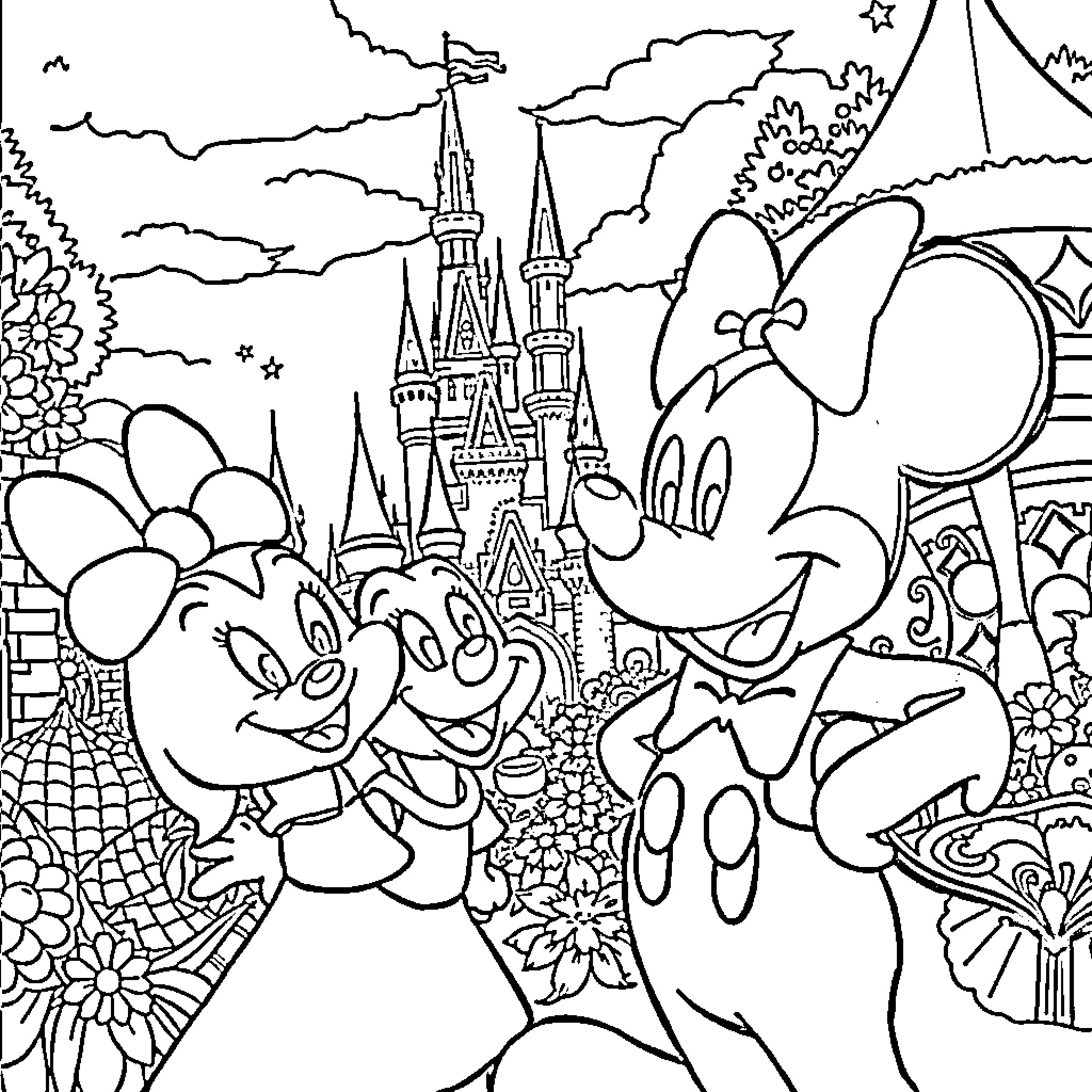 Disney Characters Enjoying a Magical Day at the Park Coloring Page (free black-and-white line drawing printable PDF for all, from beginners to advanced learners, including children, teens, adults, and seniors)