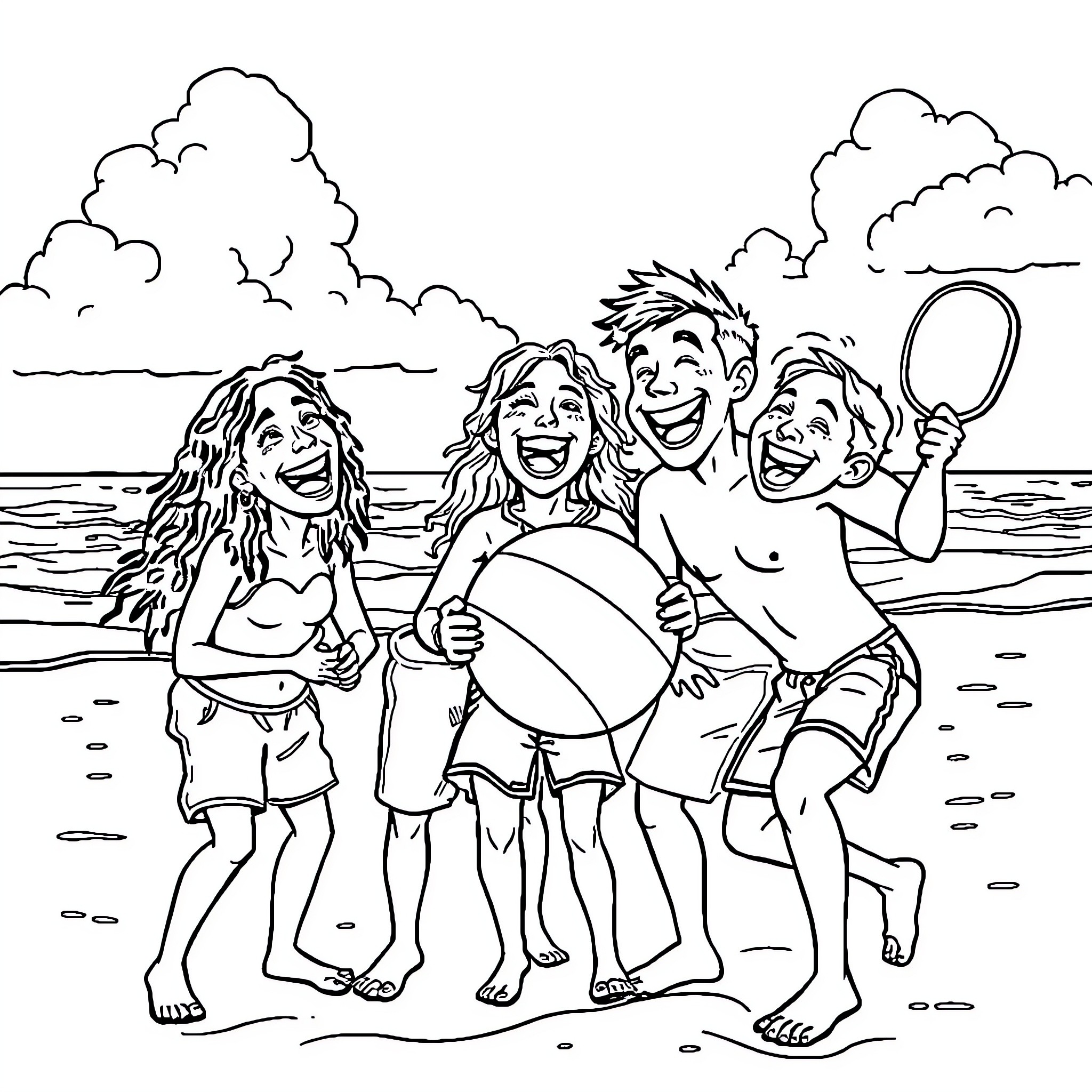 Homie friends enjoying beach time together Coloring Page (free black-and-white line drawing printable PDF for all, from beginners to advanced learners, including children, teens, adults, and seniors)