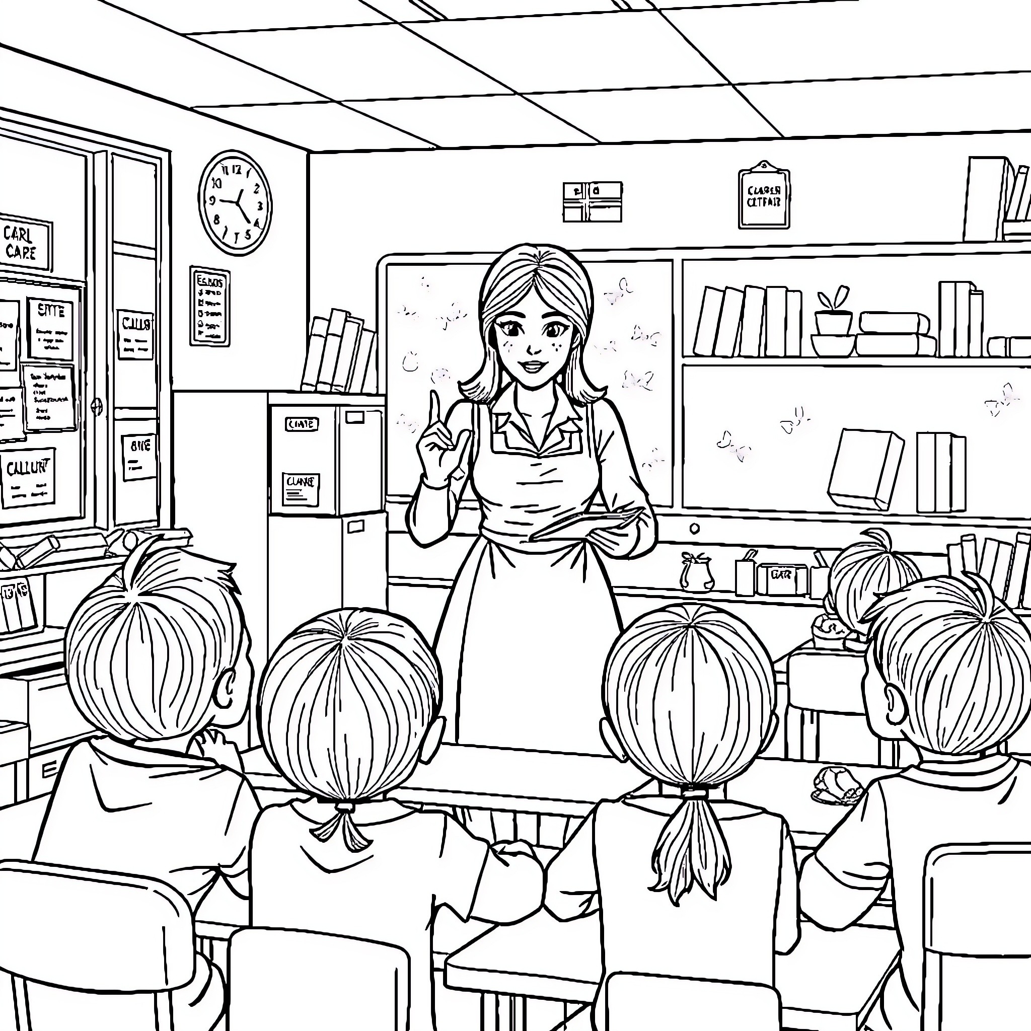 School Mistress Instructing Students in Classroom Coloring Page (free black-and-white line drawing printable PDF for all, from beginners to advanced learners, including children, teens, adults, and seniors)
