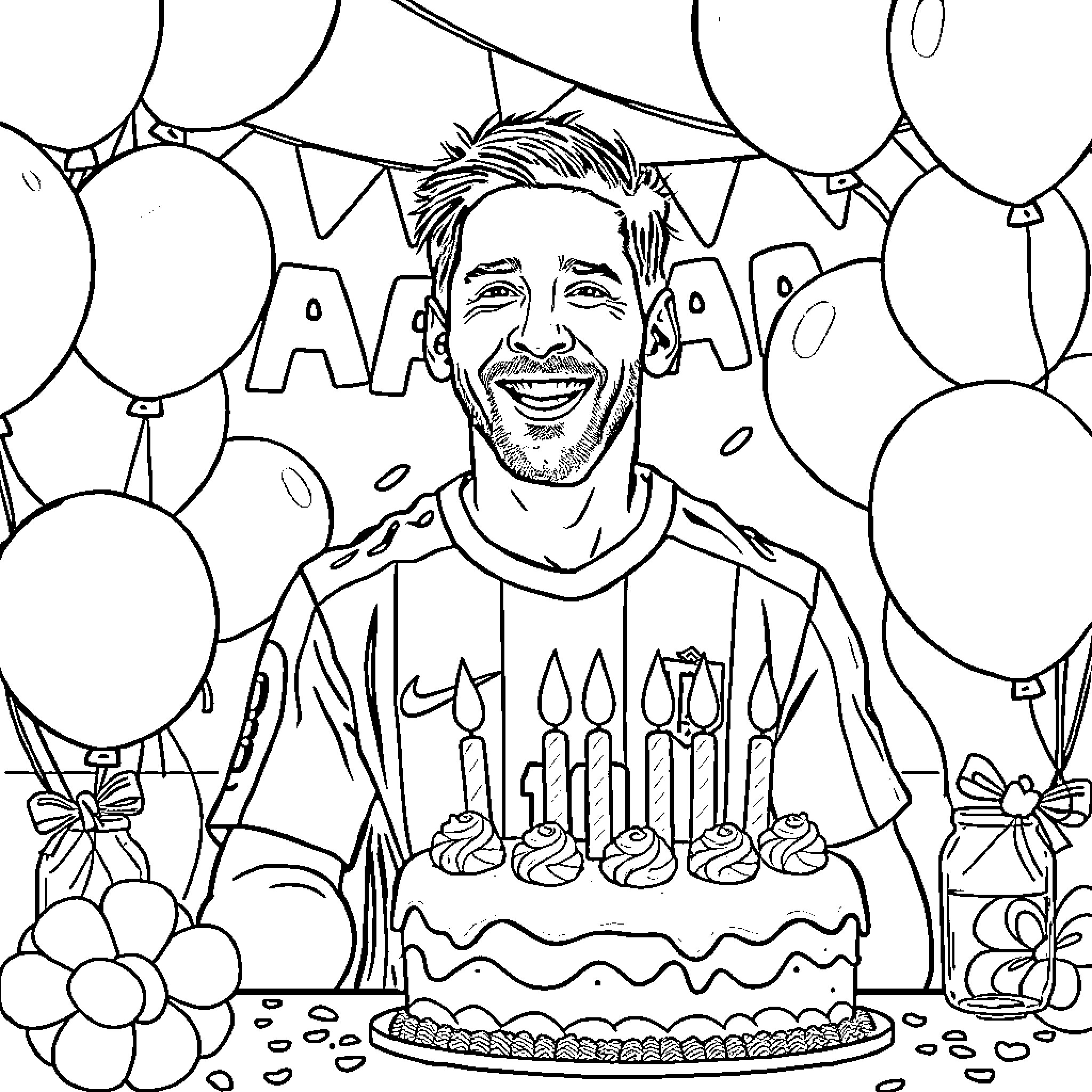 Lionel Messi celebrating his birthday with cake and balloons Coloring Page (free black-and-white line drawing printable PDF for all, from beginners to advanced learners, including children, teens, adults, and seniors)