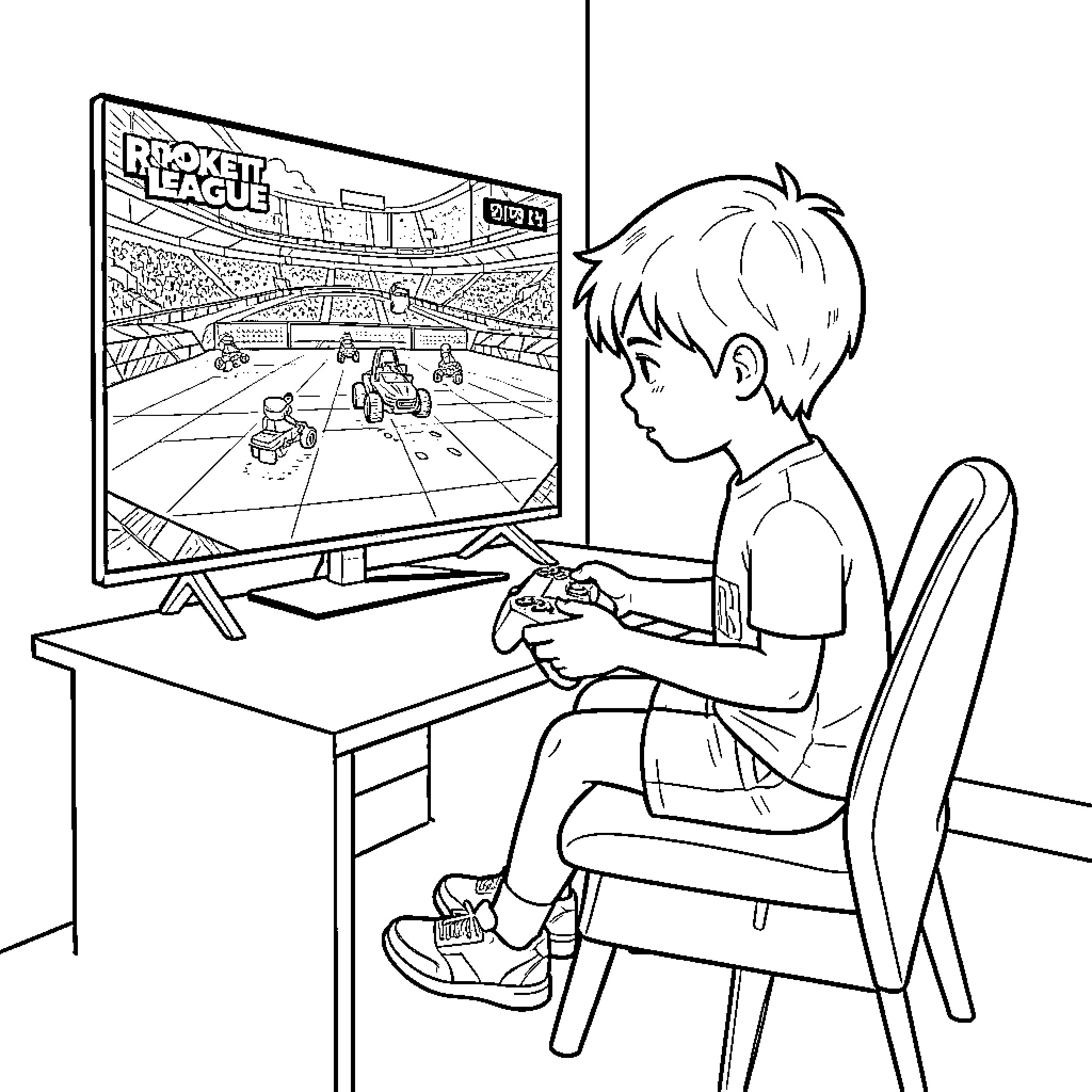 Kid playing a video game on a television Coloring Page (free black-and-white line drawing printable PDF for all, from beginners to advanced learners, including children, teens, adults, and seniors)