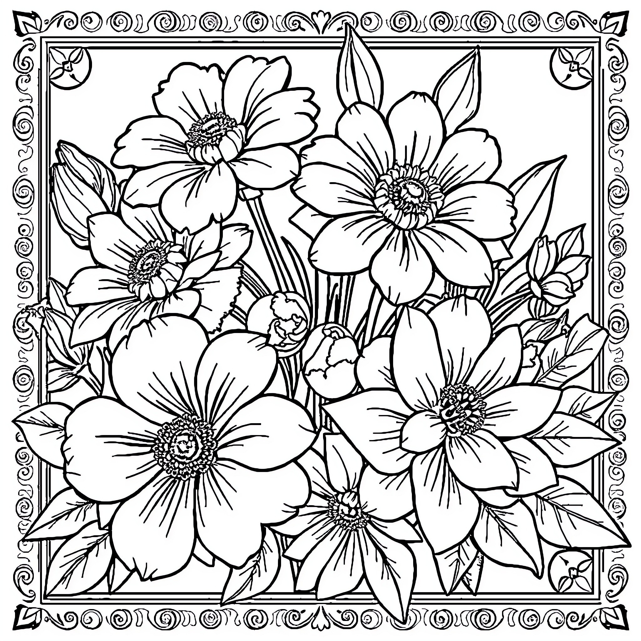 Flower Garden with Detailed Blooms Coloring Page (free black-and-white line drawing printable PDF for all, from beginners to advanced learners, including children, teens, adults, and seniors)