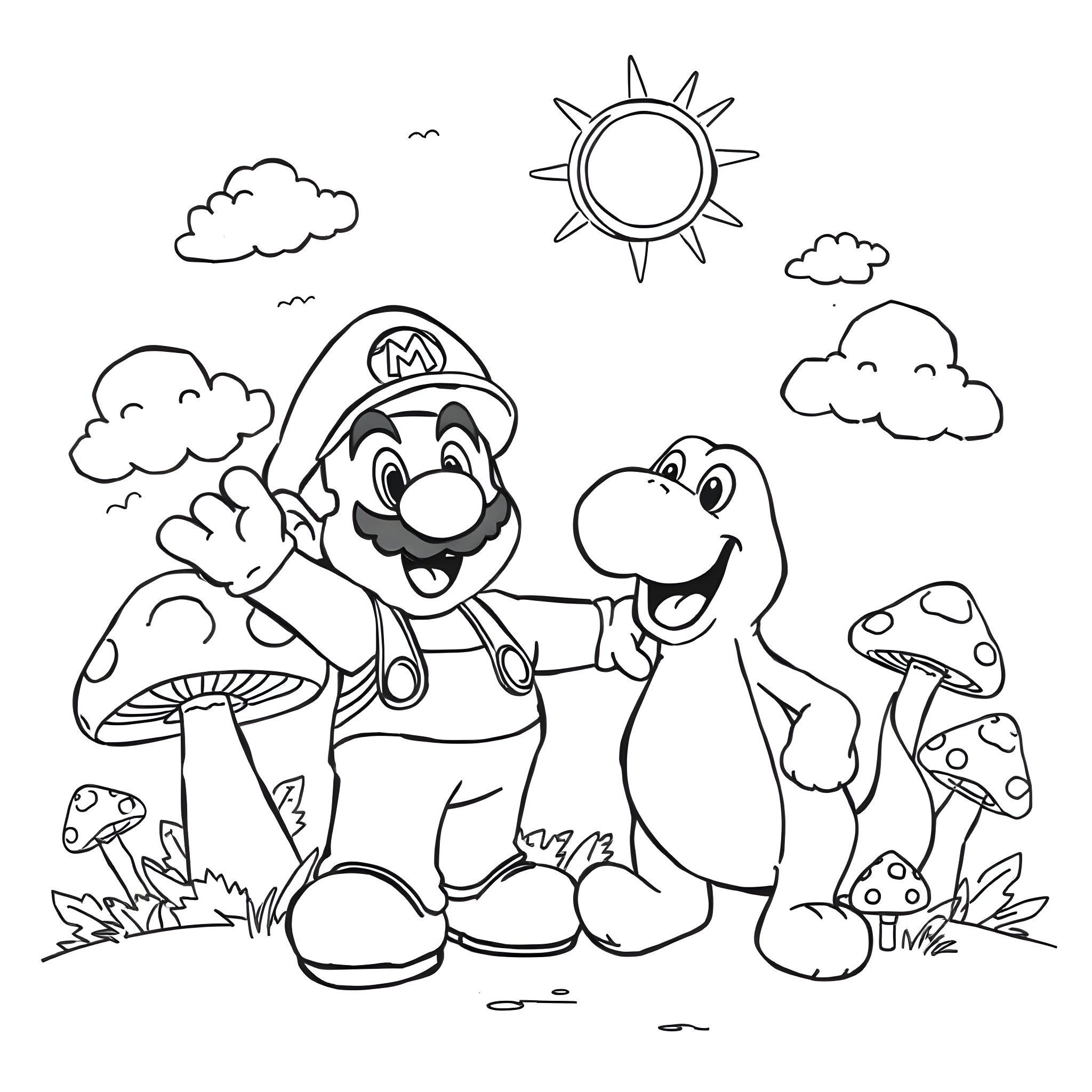 Mario and his friend exploring the mushroom-filled forest Coloring Page (free black-and-white line drawing printable PDF for all, from beginners to advanced learners, including children, teens, adults, and seniors)