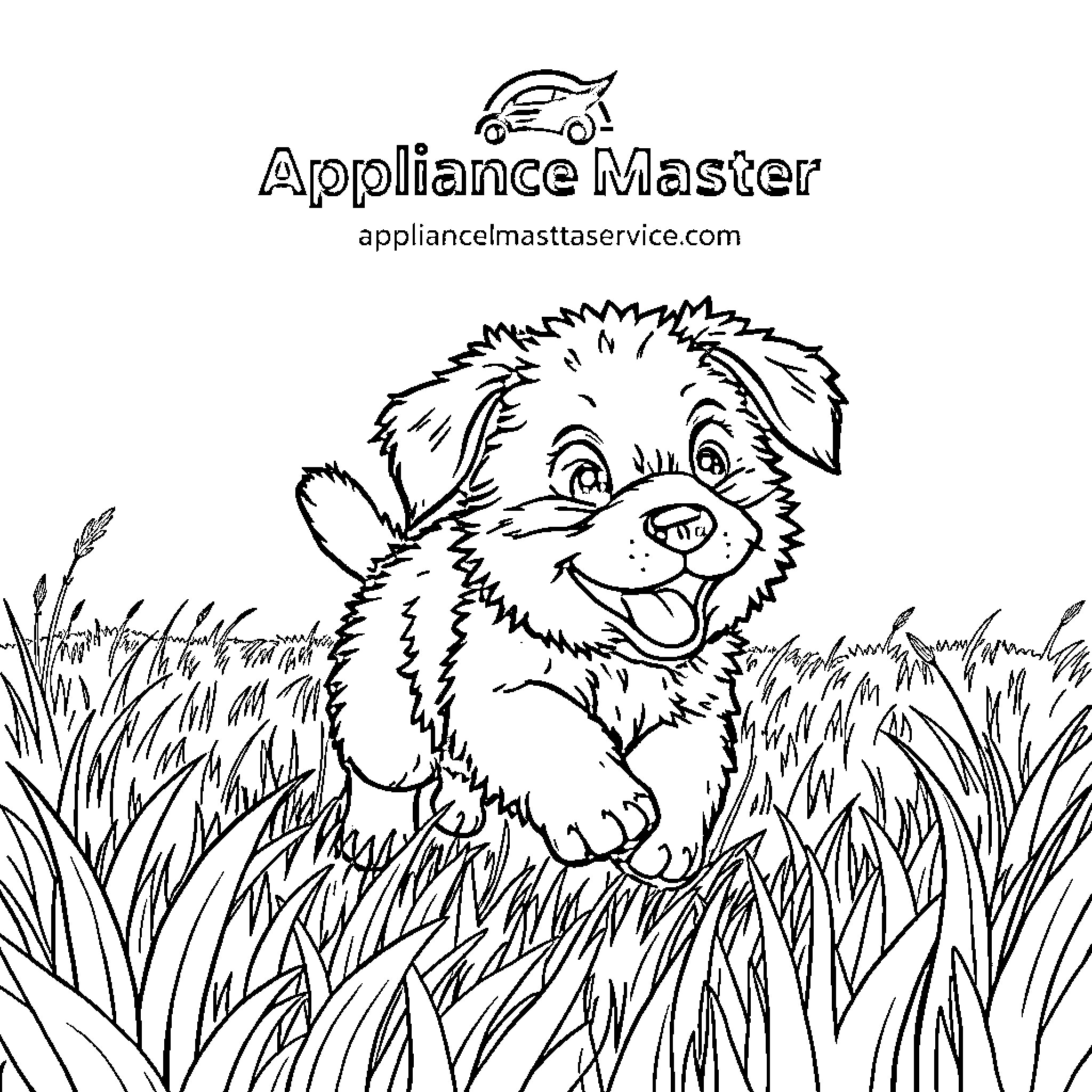 Puppy playing happily in the grassy field Coloring Page (free black-and-white line drawing printable PDF for all, from beginners to advanced learners, including children, teens, adults, and seniors)