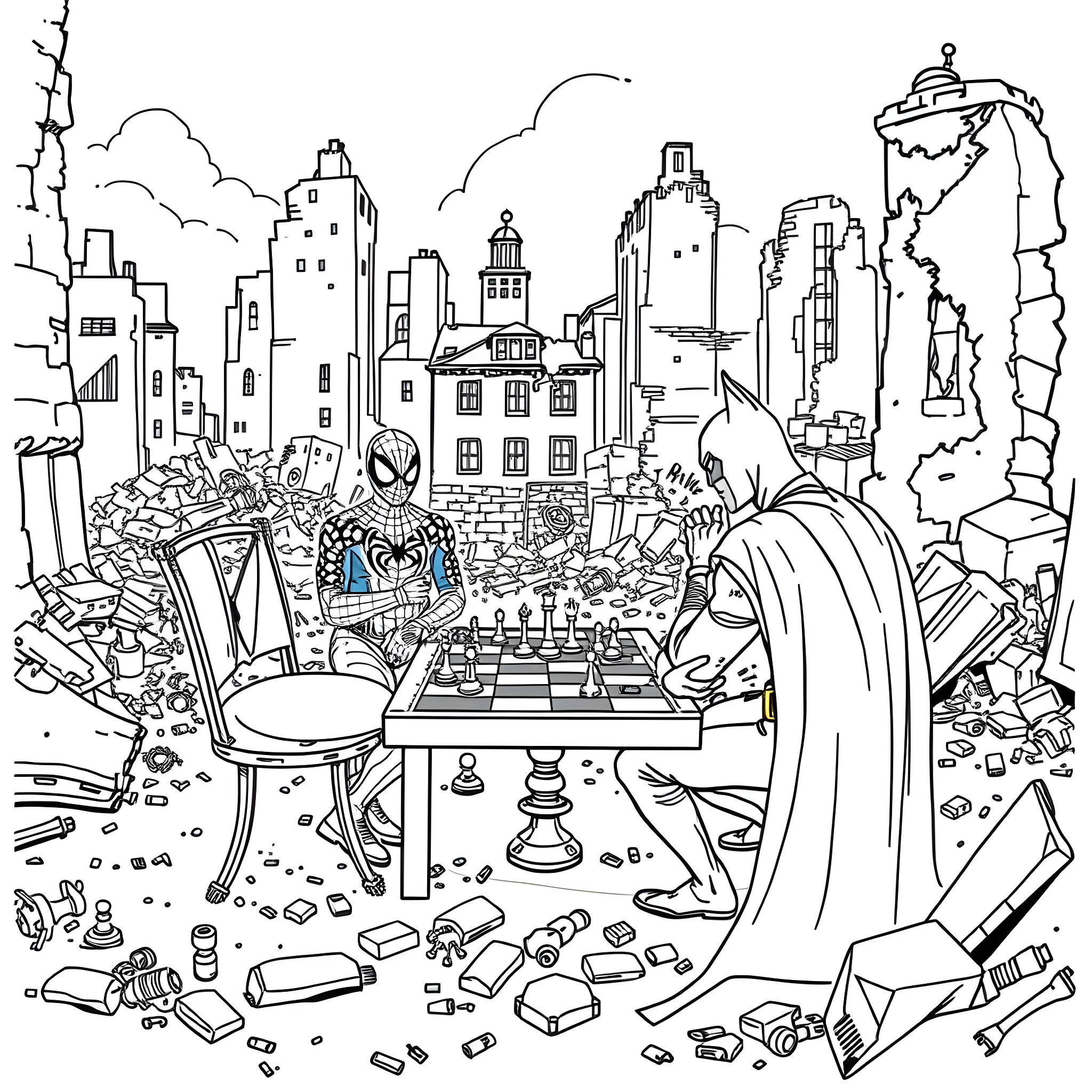 Spider-Man playing chess in the destroyed city Coloring Page (free black-and-white line drawing printable PDF for all, from beginners to advanced learners, including children, teens, adults, and seniors)