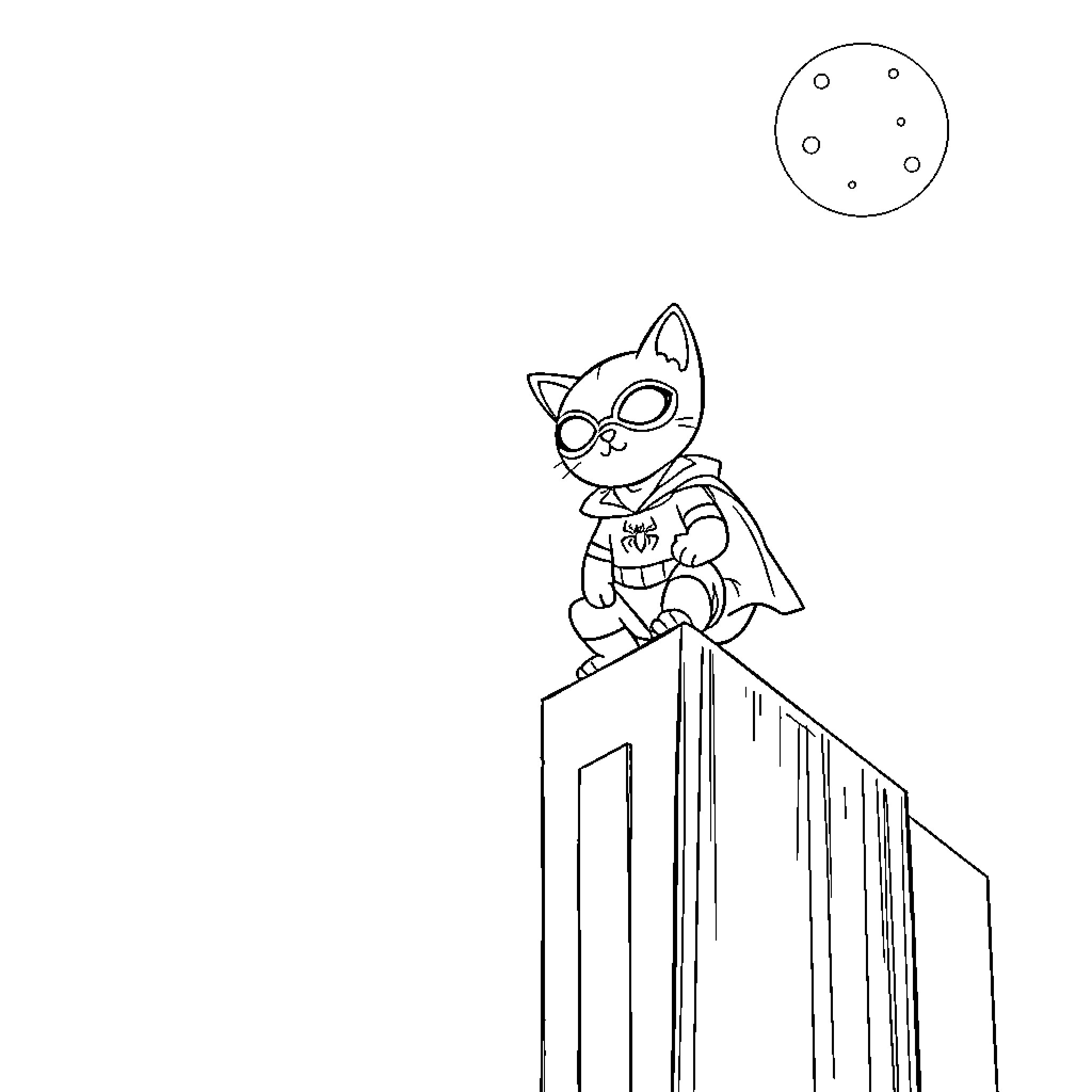 Kitten superhero on a tall building Coloring Page (free black-and-white line drawing printable PDF for all, from beginners to advanced learners, including children, teens, adults, and seniors)