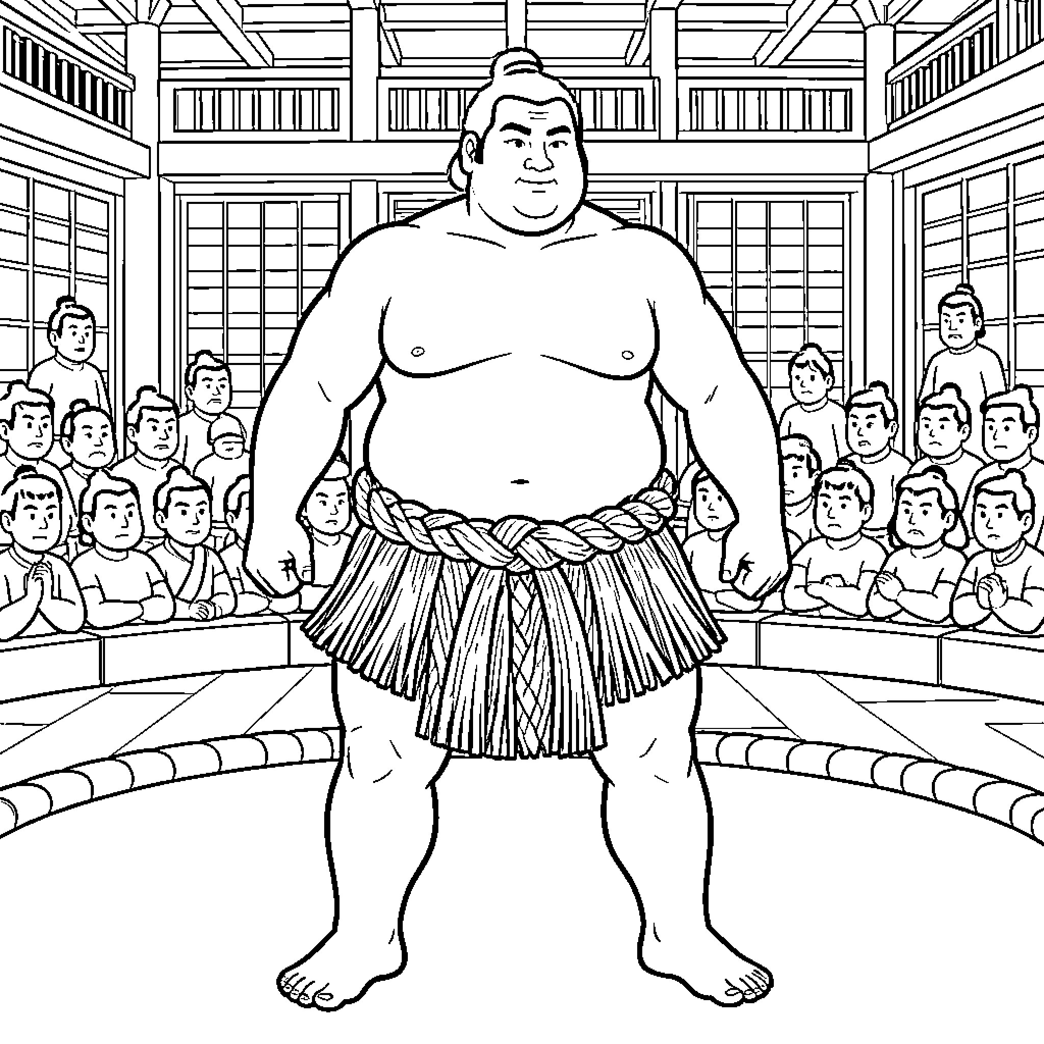 Sumotori Wrestlers Competing in a Traditional Match Coloring Page (free black-and-white line drawing printable PDF for all, from beginners to advanced learners, including children, teens, adults, and seniors)