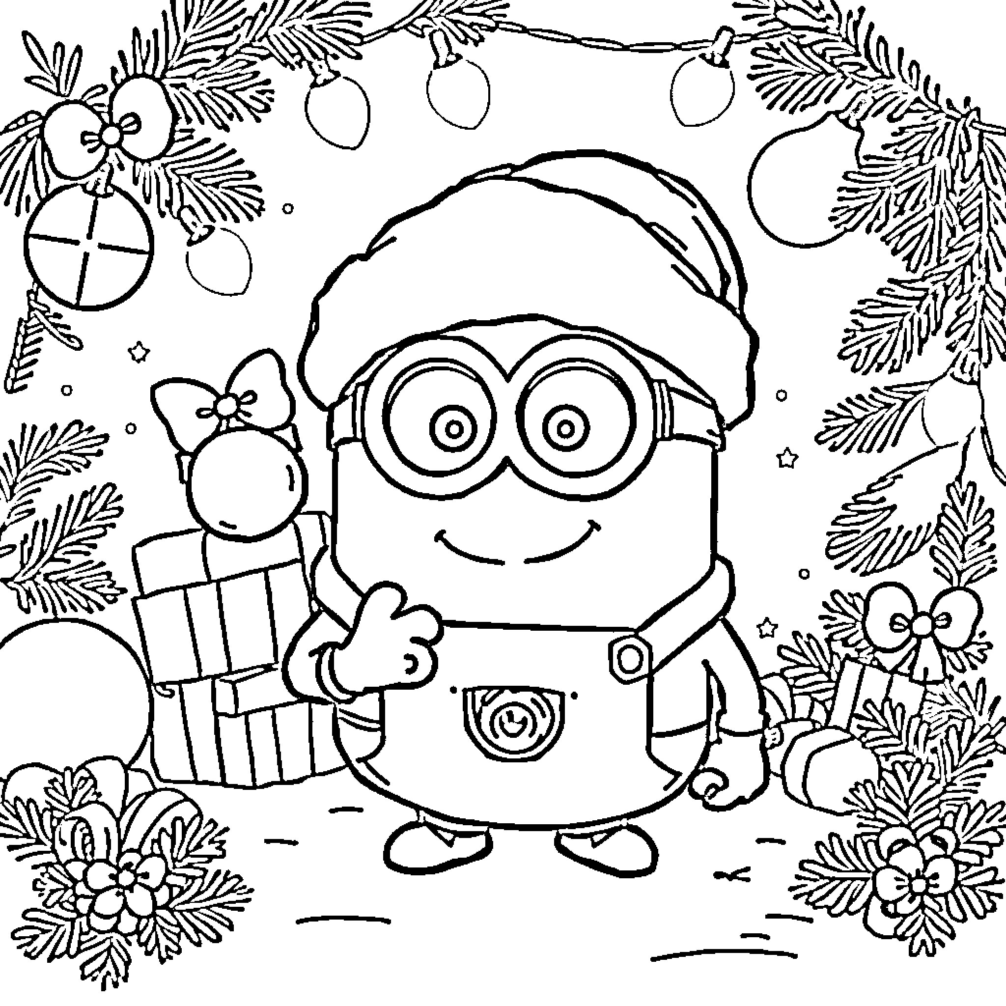 Minion enjoying the festive holiday decor Coloring Page (free black-and-white line drawing printable PDF for all, from beginners to advanced learners, including children, teens, adults, and seniors)