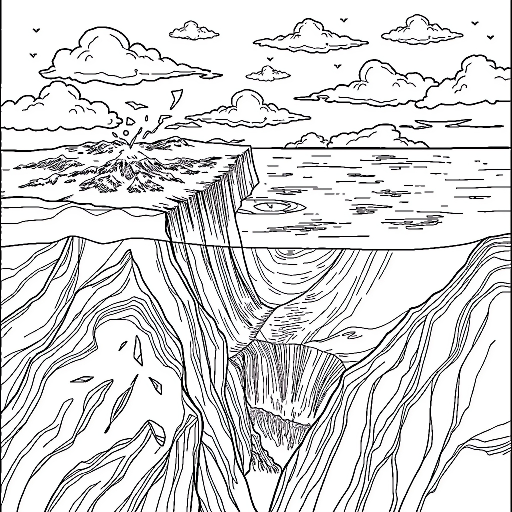 Subduction Zone - Dramatic Geological Formation and Landscape Coloring Page (free black-and-white line drawing printable PDF for all, from beginners to advanced learners, including children, teens, adults, and seniors)