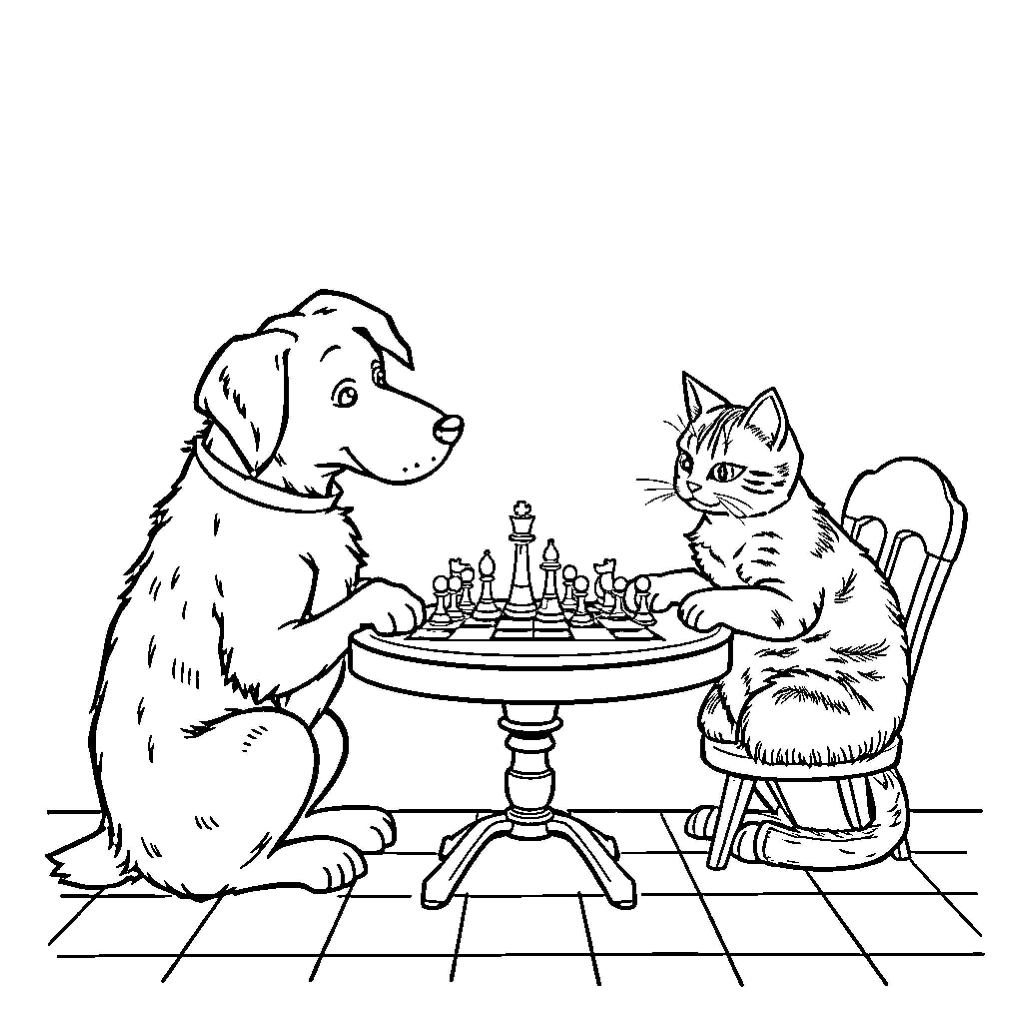 Dog and cat playing chess together Coloring Page (free black-and-white line drawing printable PDF for all, from beginners to advanced learners, including children, teens, adults, and seniors)