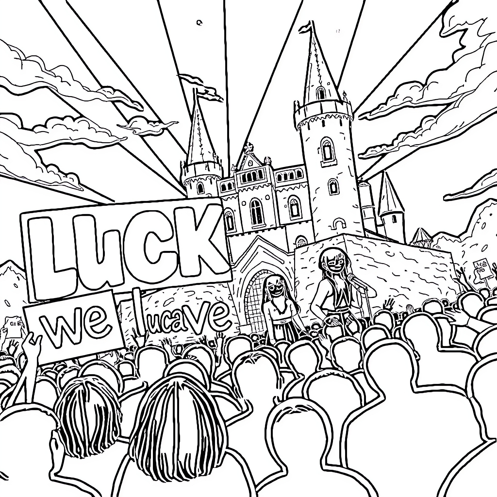Blackpink members performing on stage with castle backdrop Coloring Page (free black-and-white line drawing printable PDF for all, from beginners to advanced learners, including children, teens, adults, and seniors)