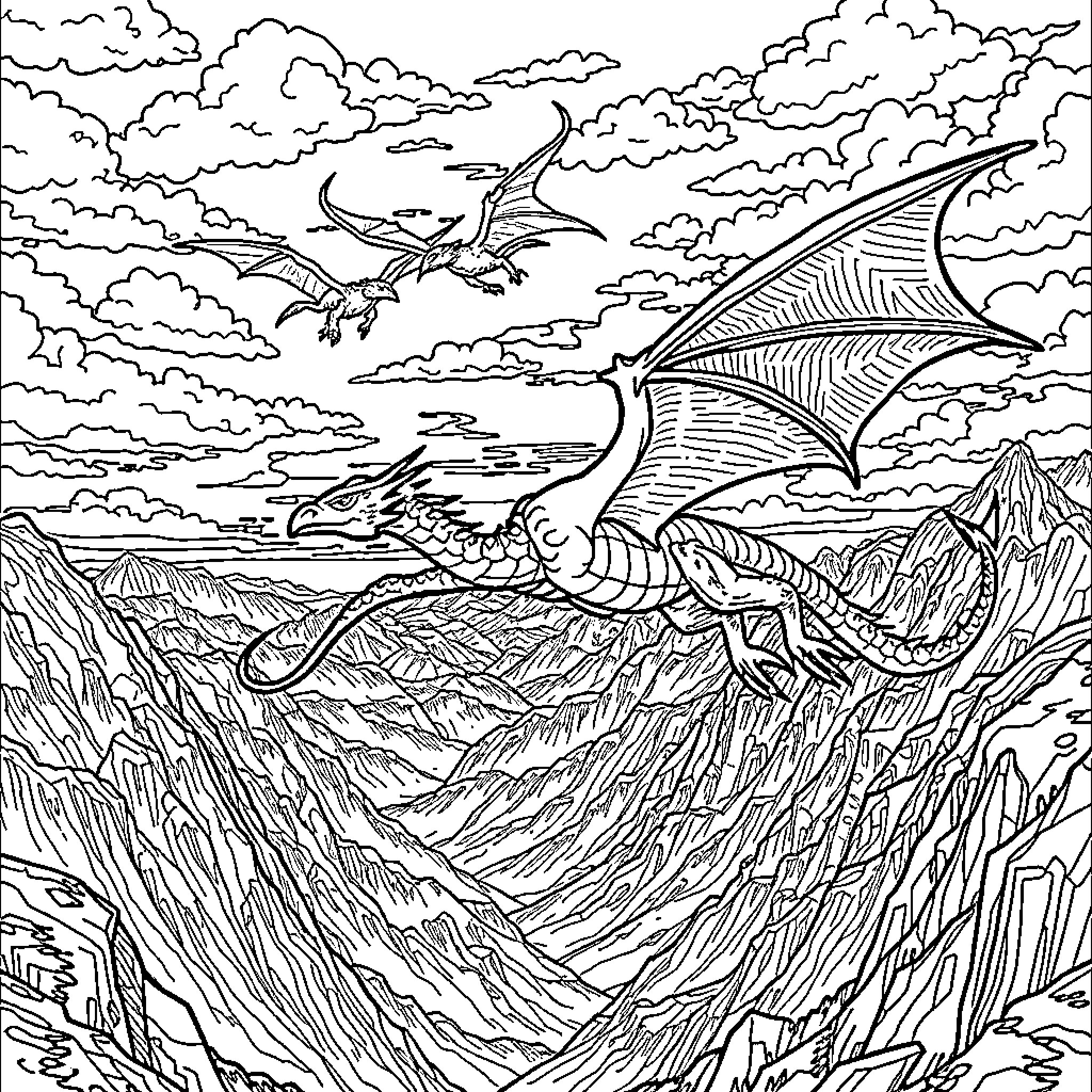 Dragon soaring through mystical mountainous landscape Coloring Page (free black-and-white line drawing printable PDF for all, from beginners to advanced learners, including children, teens, adults, and seniors)
