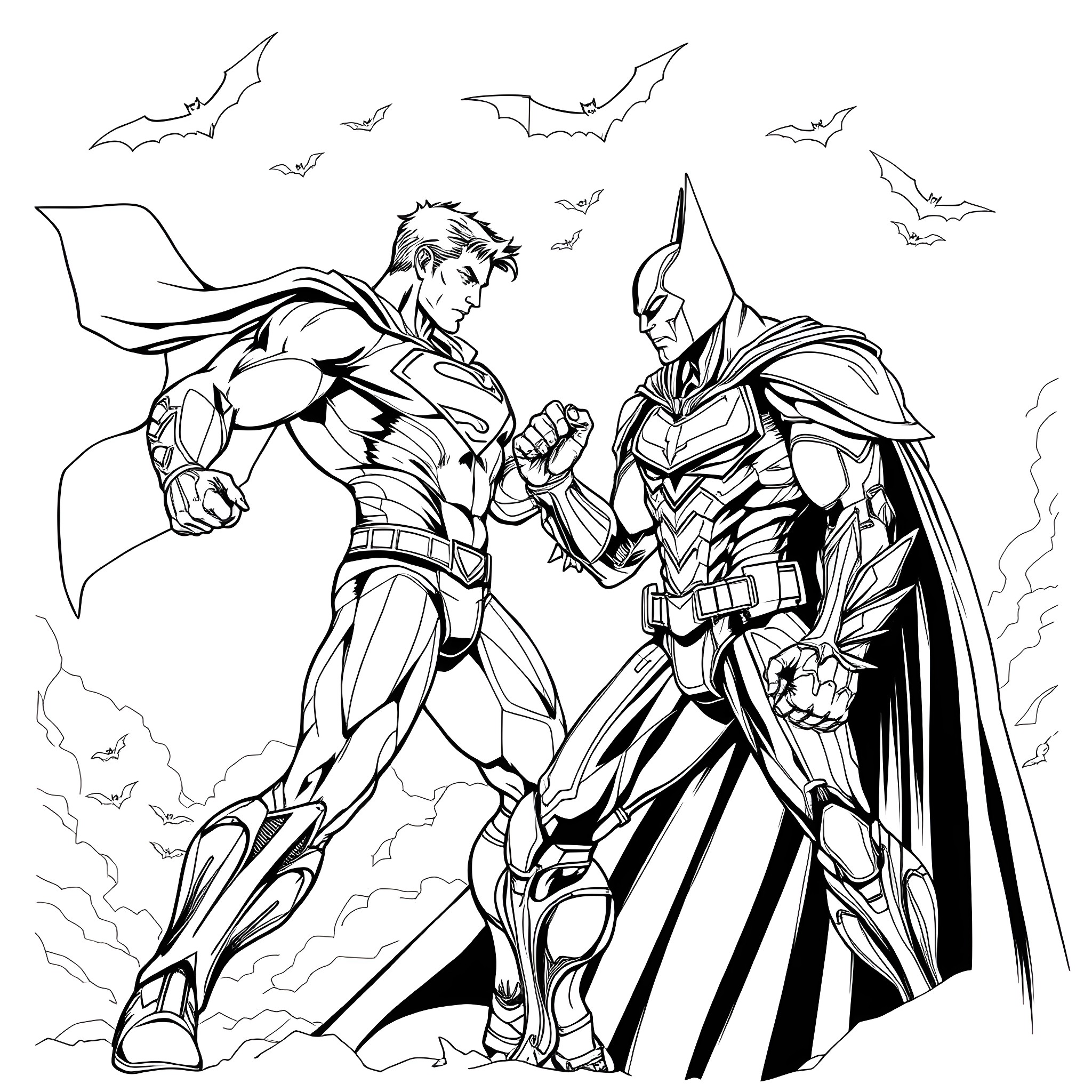 Superman vs. Batman in heroic battle Coloring Page (free black-and-white line drawing printable PDF for all, from beginners to advanced learners, including children, teens, adults, and seniors)