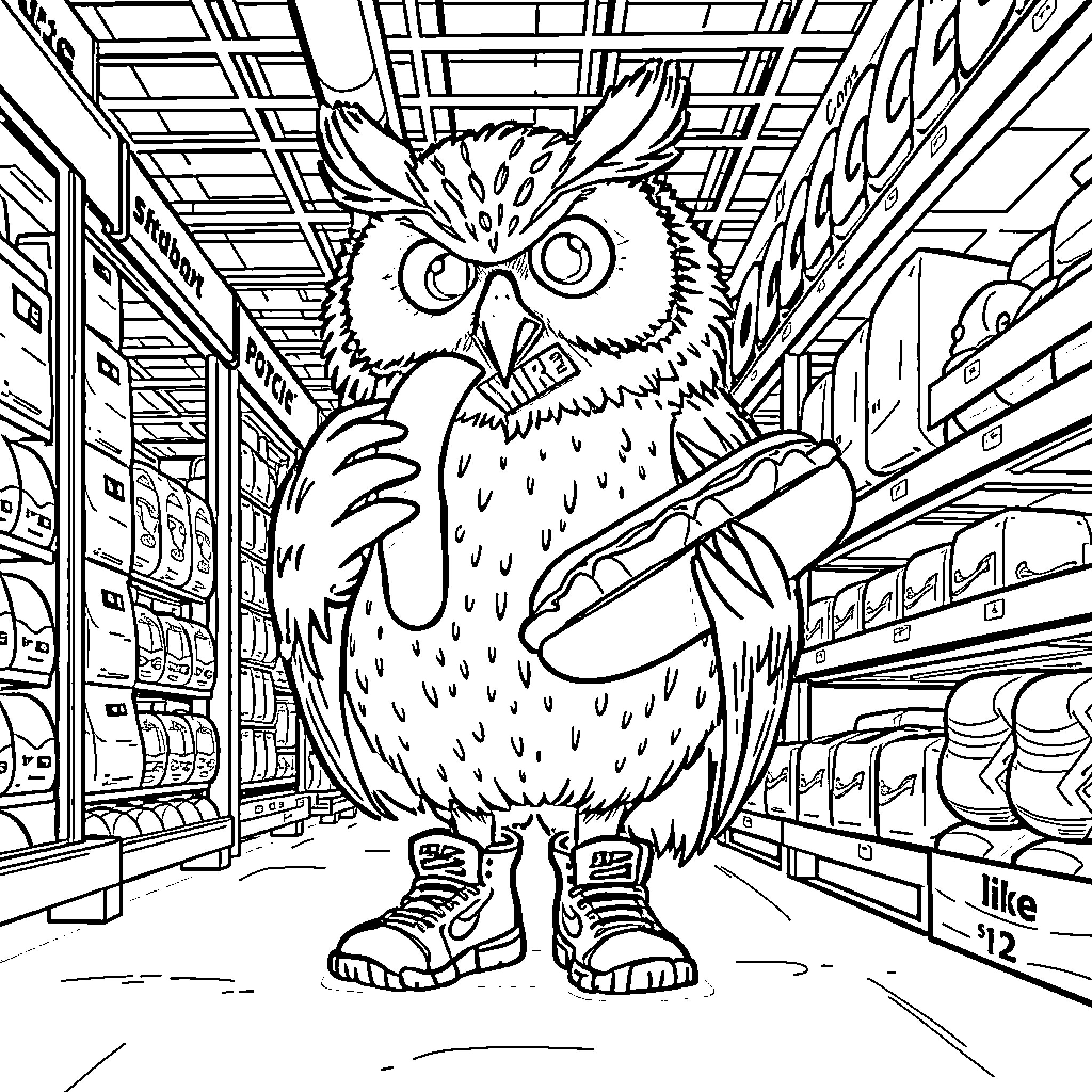 Owl exploring a grocery store Coloring Page (free black-and-white line drawing printable PDF for all, from beginners to advanced learners, including children, teens, adults, and seniors)