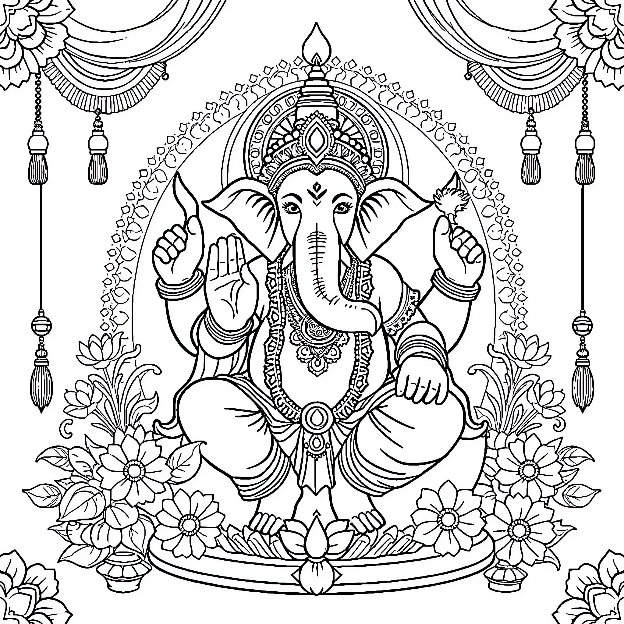 Ganesha seated in contemplative pose amidst ornate floral elements Coloring Page (free black-and-white line drawing printable PDF for all, from beginners to advanced learners, including children, teens, adults, and seniors)