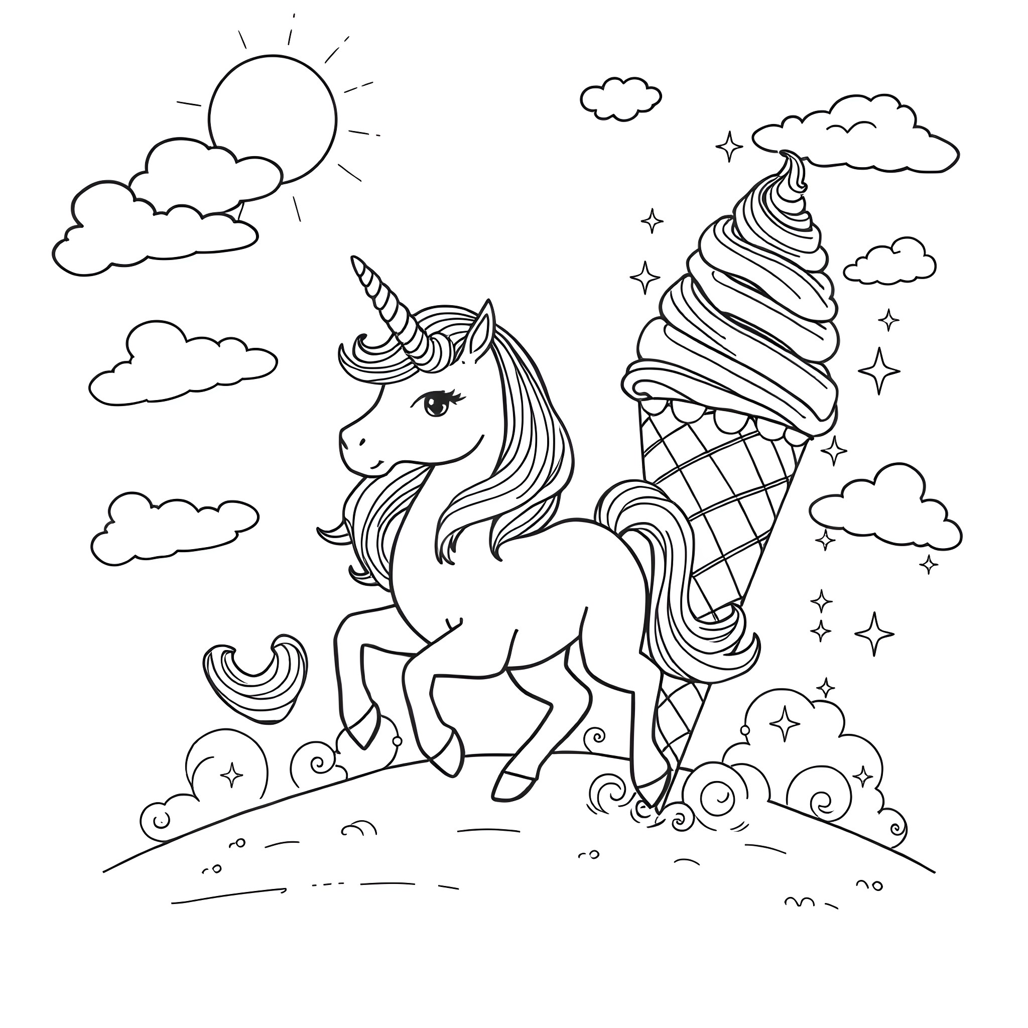 Unicorn with ice cream-inspired horn in a magical landscape Coloring Page (free black-and-white line drawing printable PDF for all, from beginners to advanced learners, including children, teens, adults, and seniors)