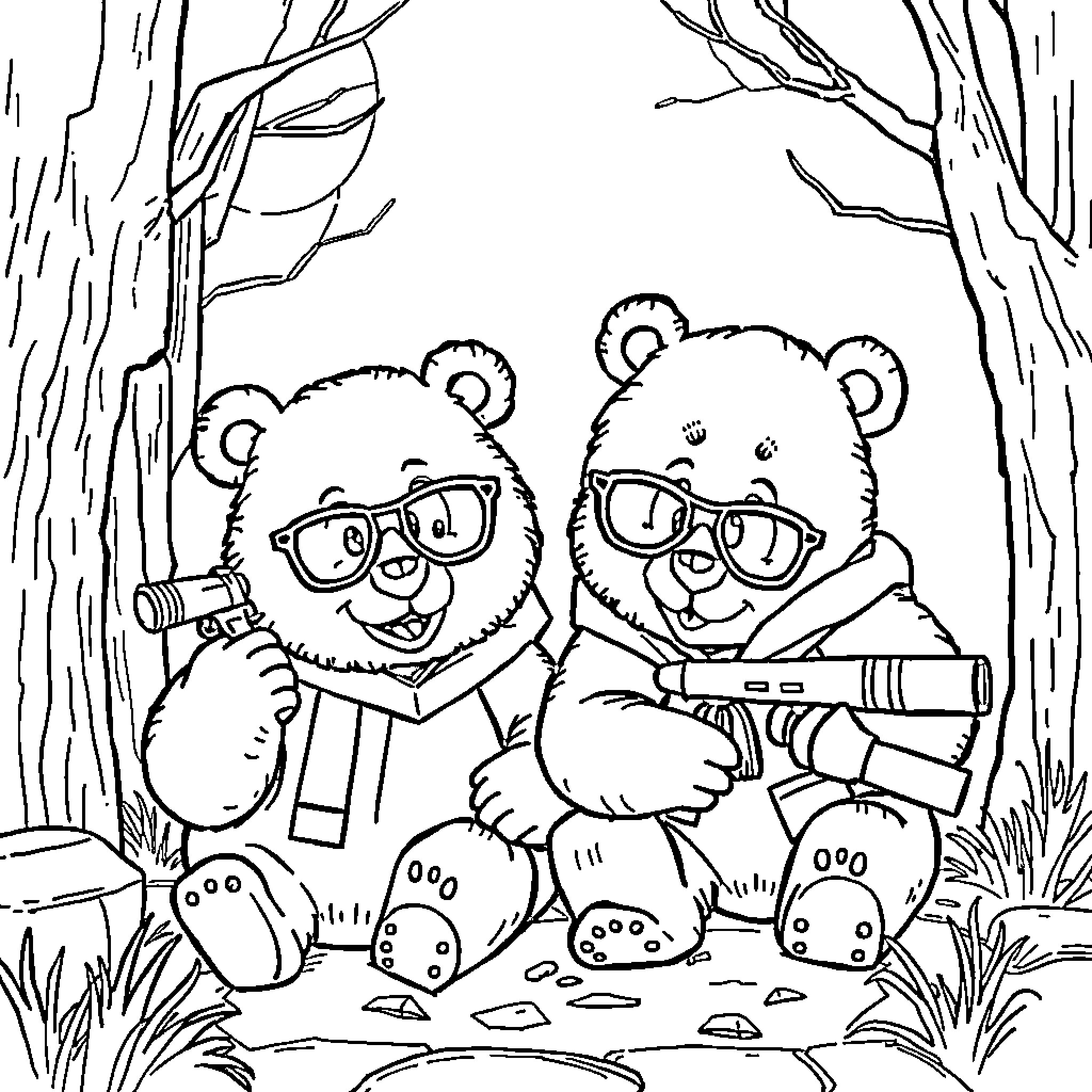 Bear Explorers Discovering Nature's Wonders Coloring Page (free black-and-white line drawing printable PDF for all, from beginners to advanced learners, including children, teens, adults, and seniors)