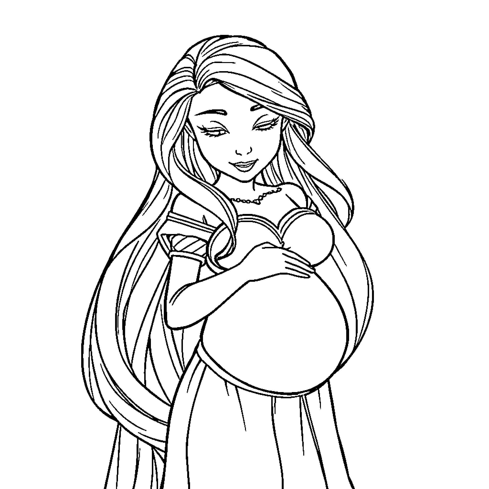 Rapunzel's Magical Embrace Coloring Page (free black-and-white line drawing printable PDF for all, from beginners to advanced learners, including children, teens, adults, and seniors)